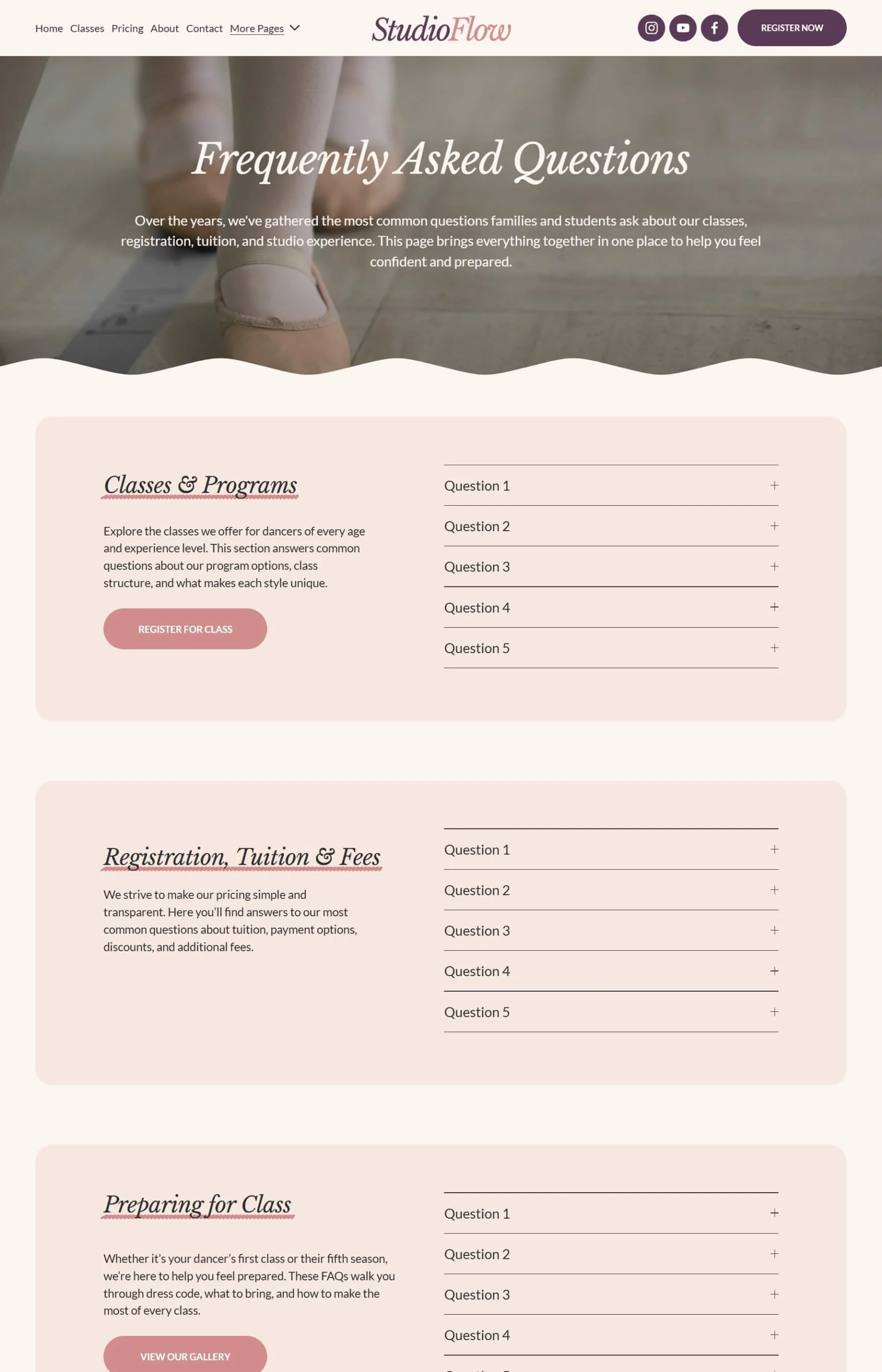 Screenshot of the FAQs page inside the Studio Flow Squarespace Website Template