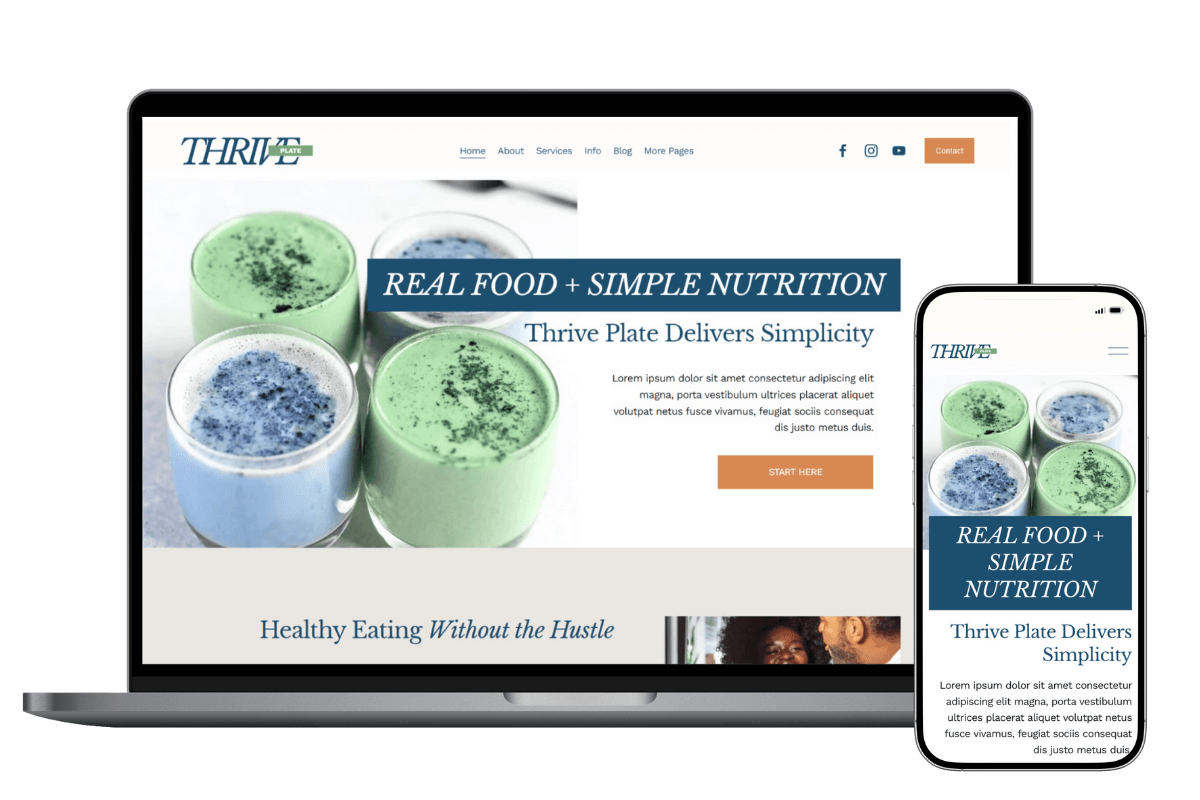 Screenshot of Thrive Plate Squarespace Template on a desktop and a mobile phone