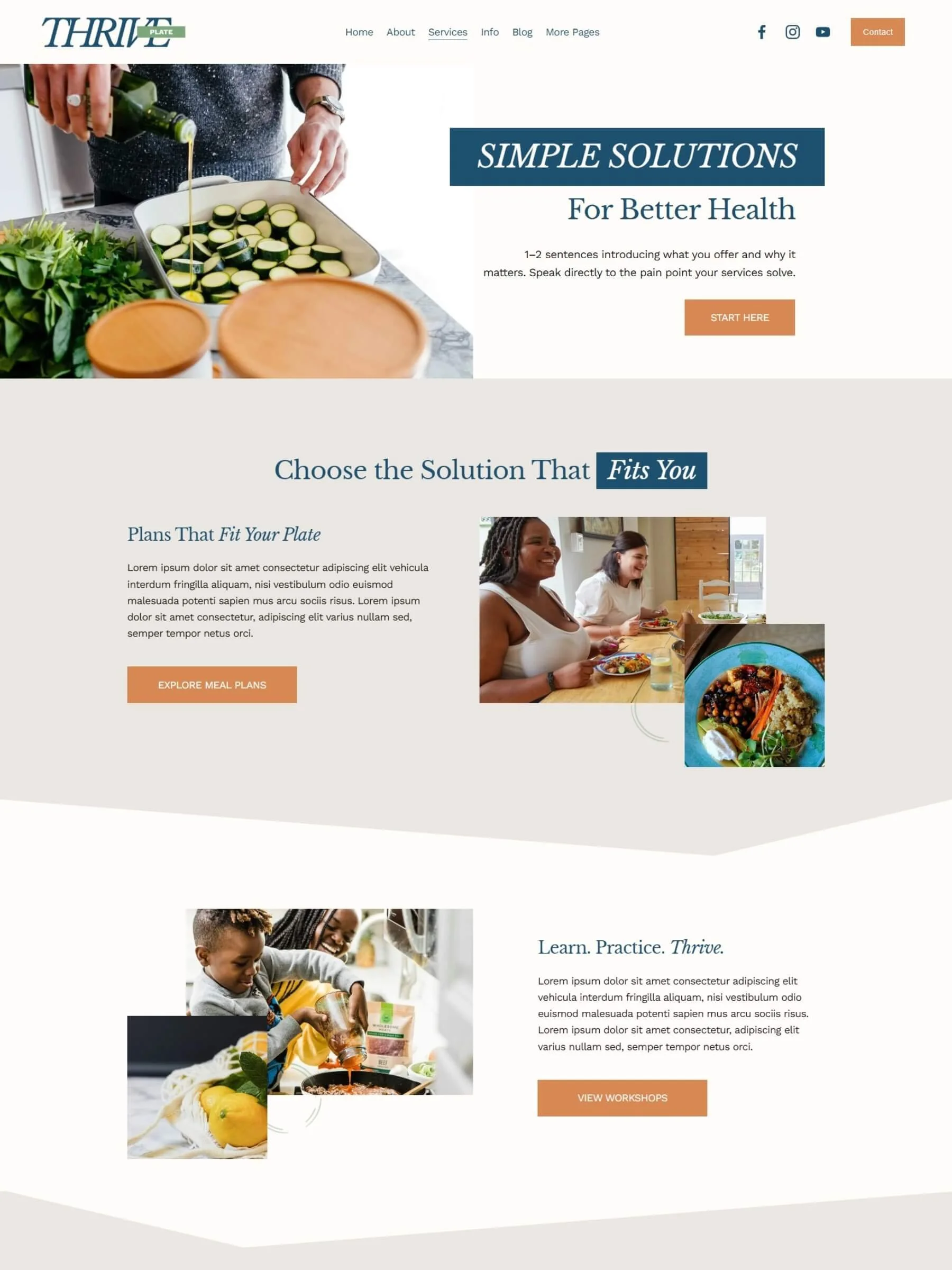 Screenshot of the services page inside the Thrive Plate Template