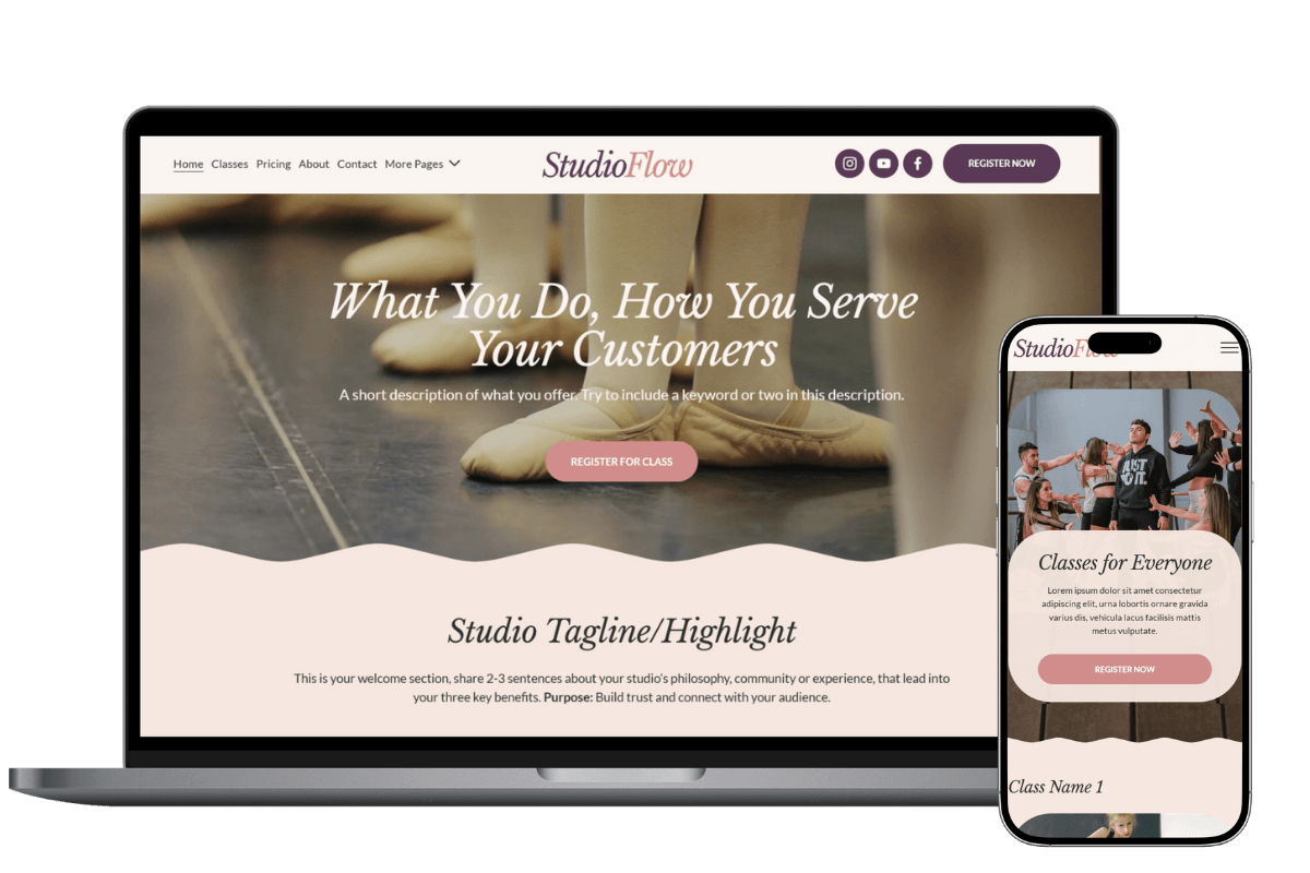 Screenshot of the Studio Flow Home Page Website Template on Laptop & iPhone