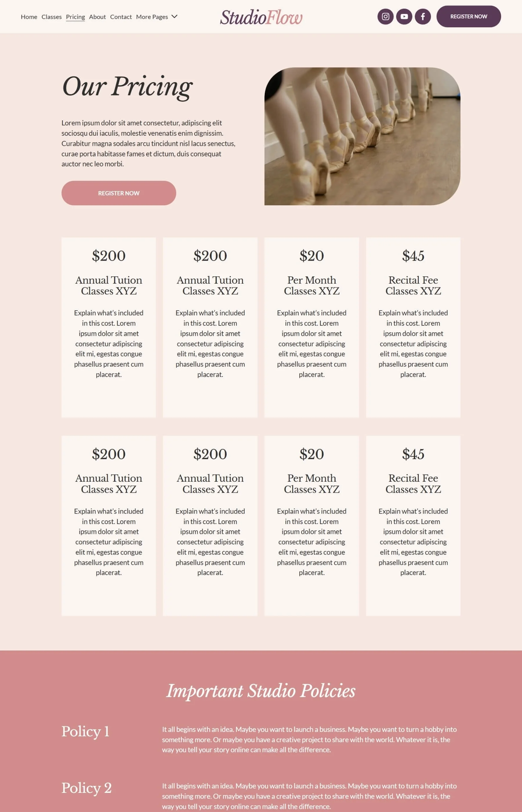 Screenshot of the pricing page inside the Studio Flow Squarespace Website Template