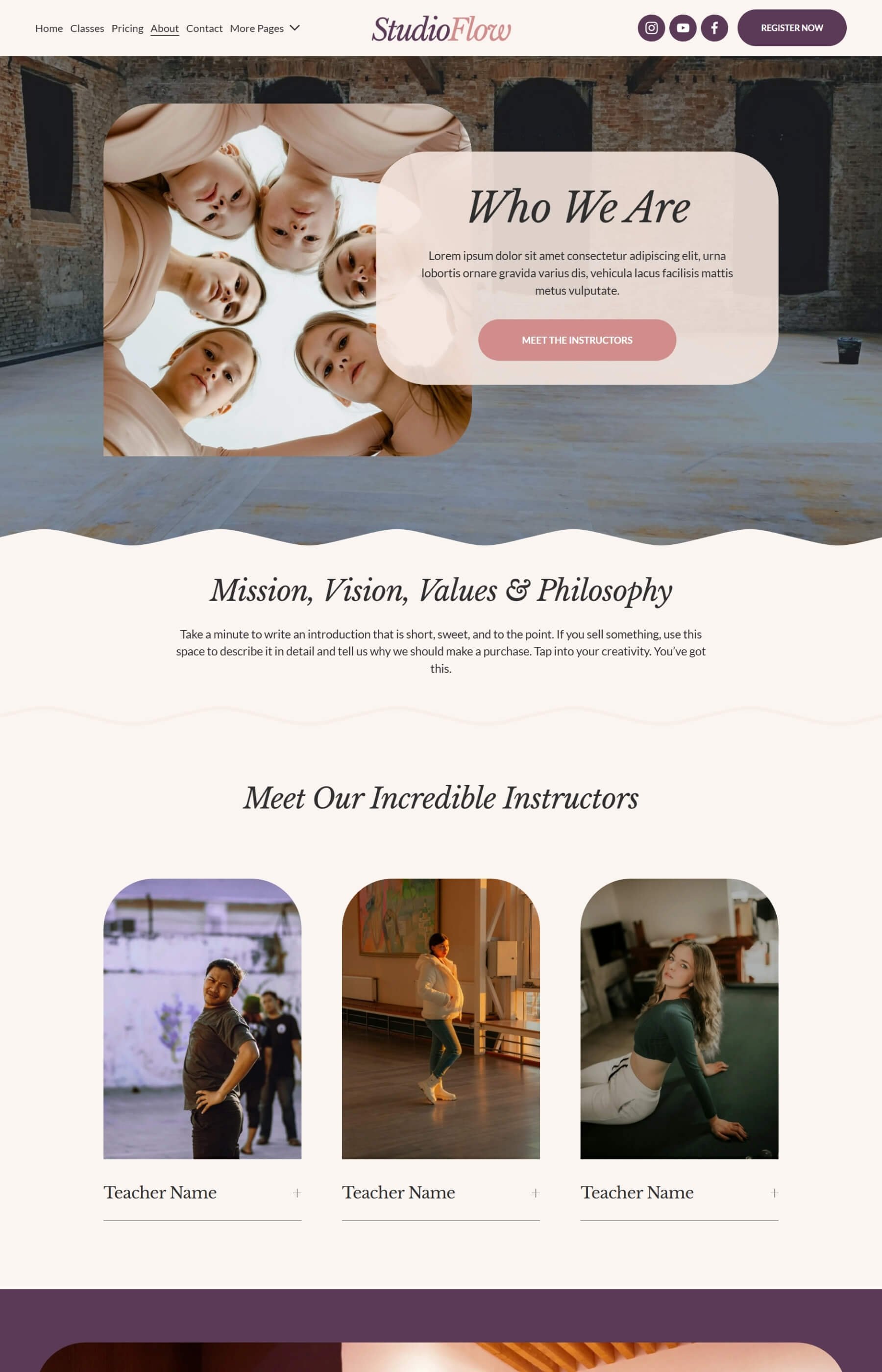 Screenshot of the about page inside the Studio Flow Squarespace Website Template
