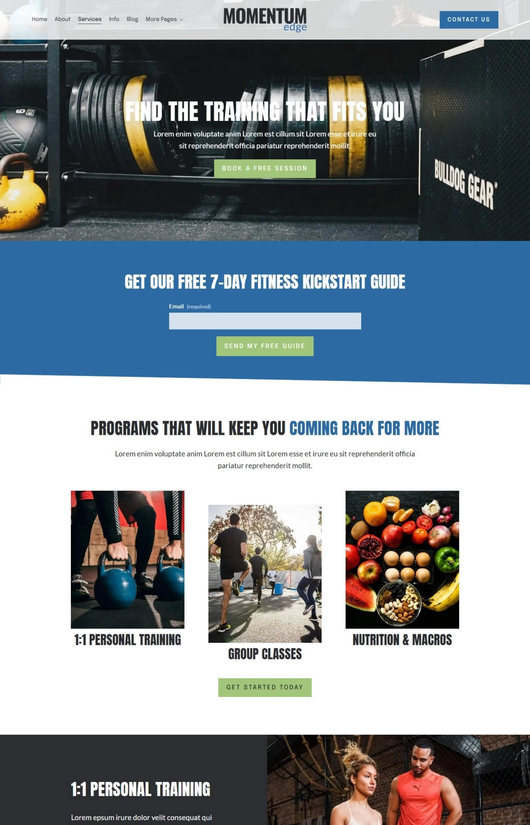 Screenshot of the services page inside the Momentum Edge Template