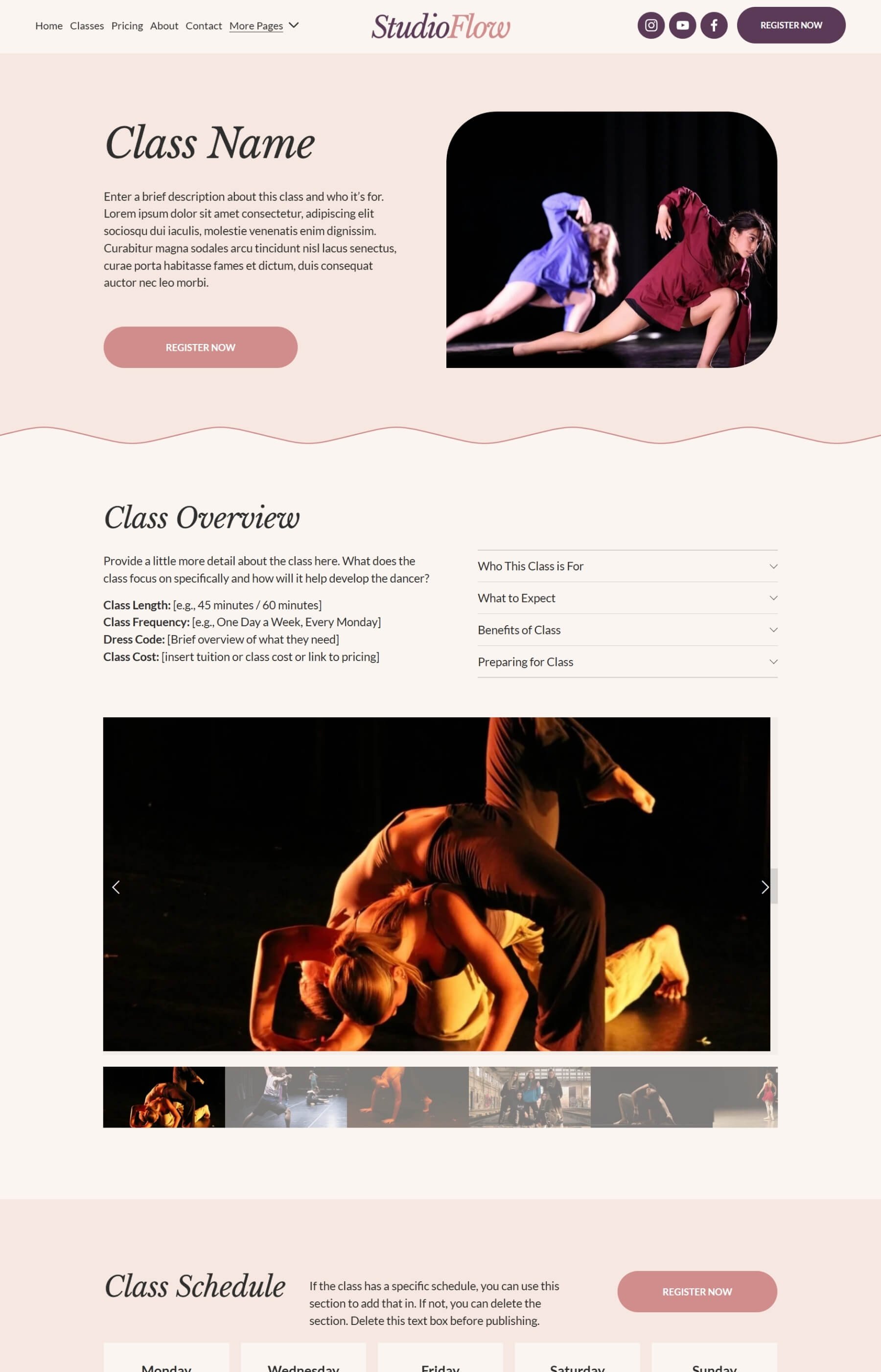 Screenshot of the class detail page inside the Studio Flow Squarespace Website Template