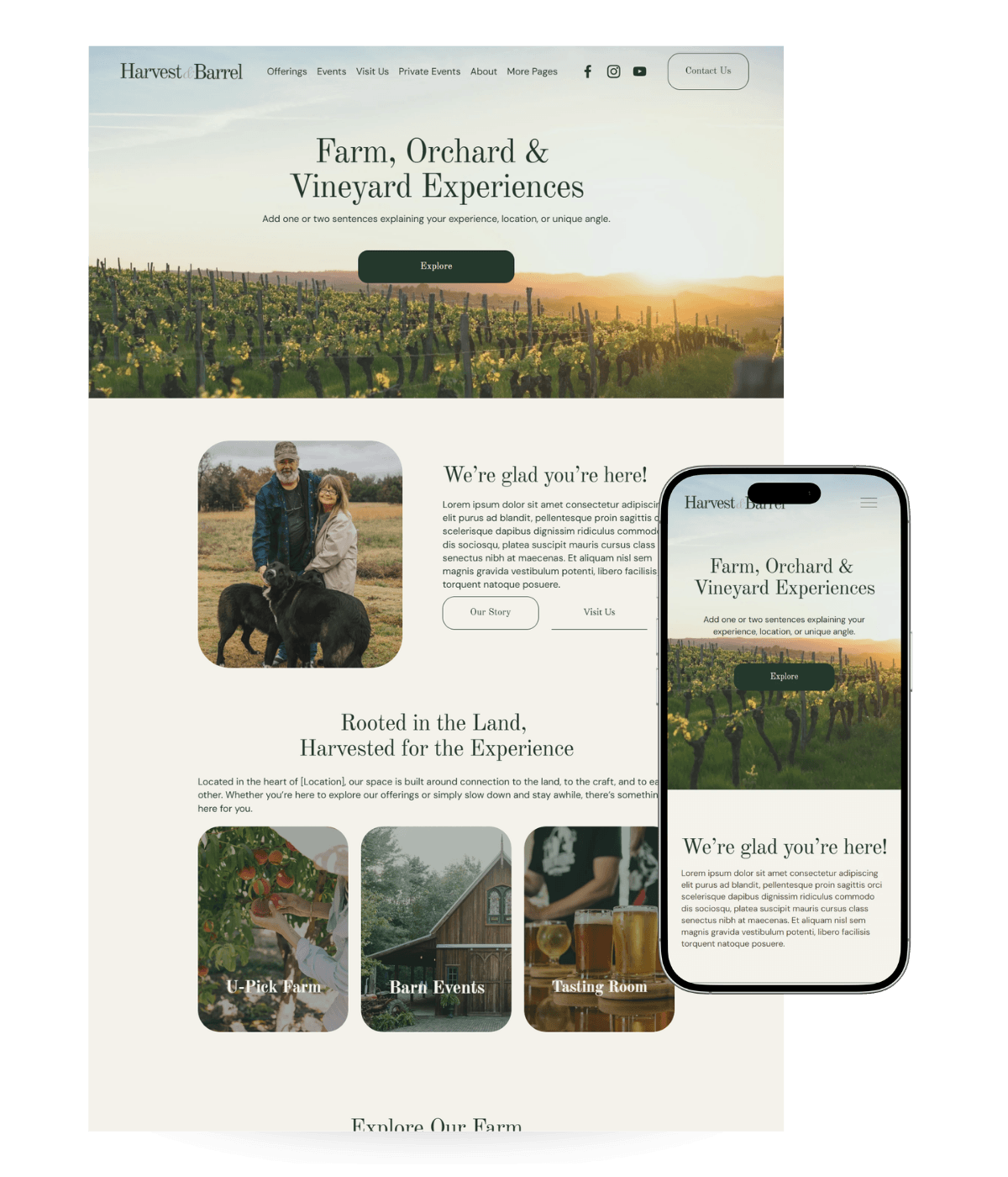 Screenshot of a farm website template named Harvest & Barrel, showing a banner with vineyard, and sections about experiences and events, displayed on both desktop and mobile views.