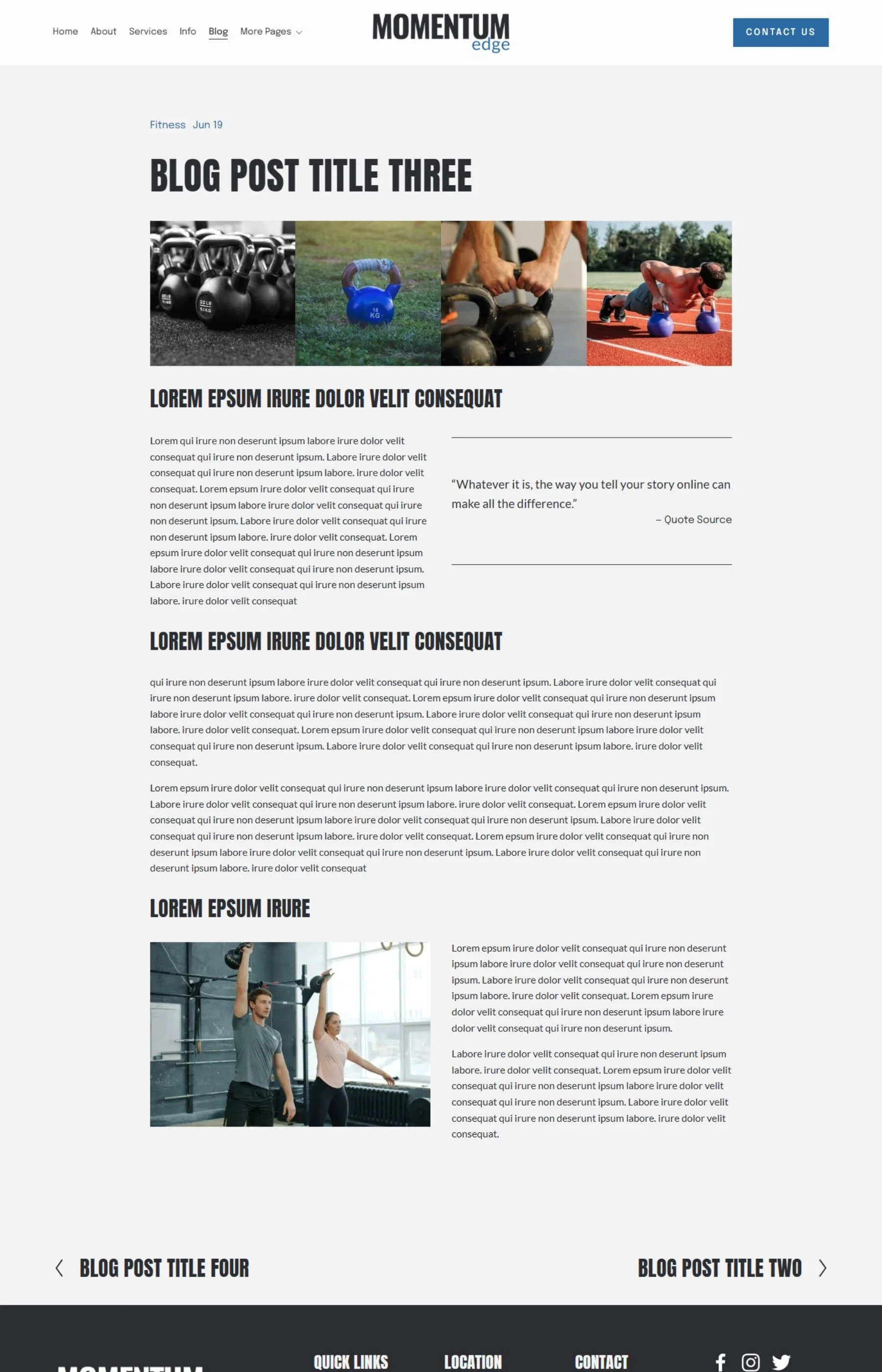 Screenshot of a blog post page inside the Momentum Edge Template
