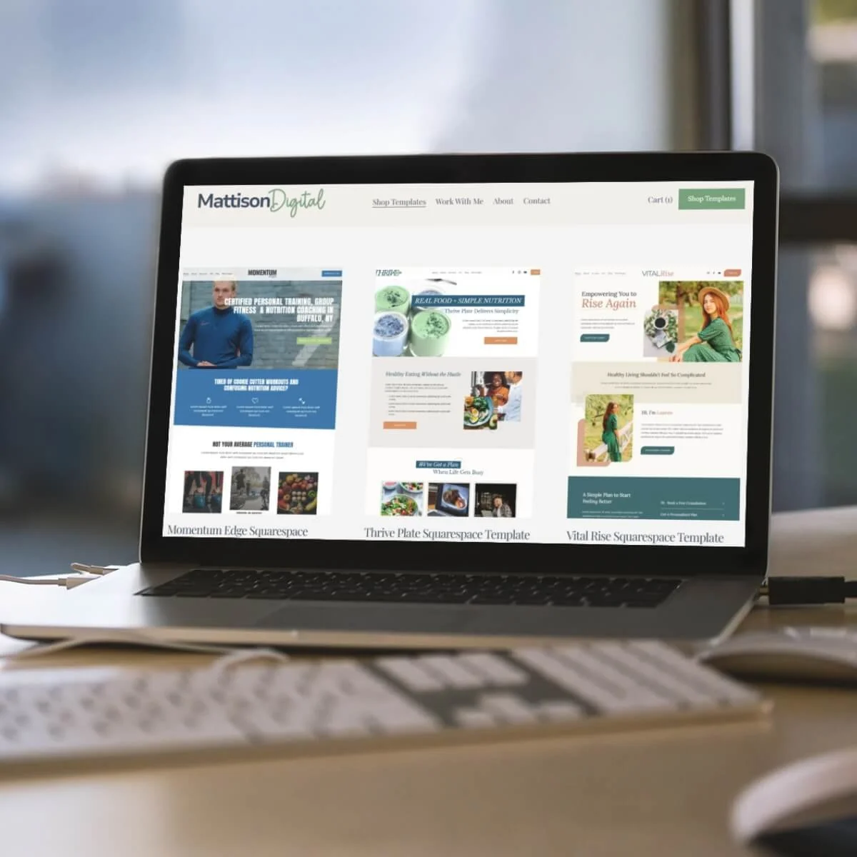 Laptop on a desk displaying three webpage templates for Squarespace: Momentum Edge, Thrive Plate, and Vital Rise.