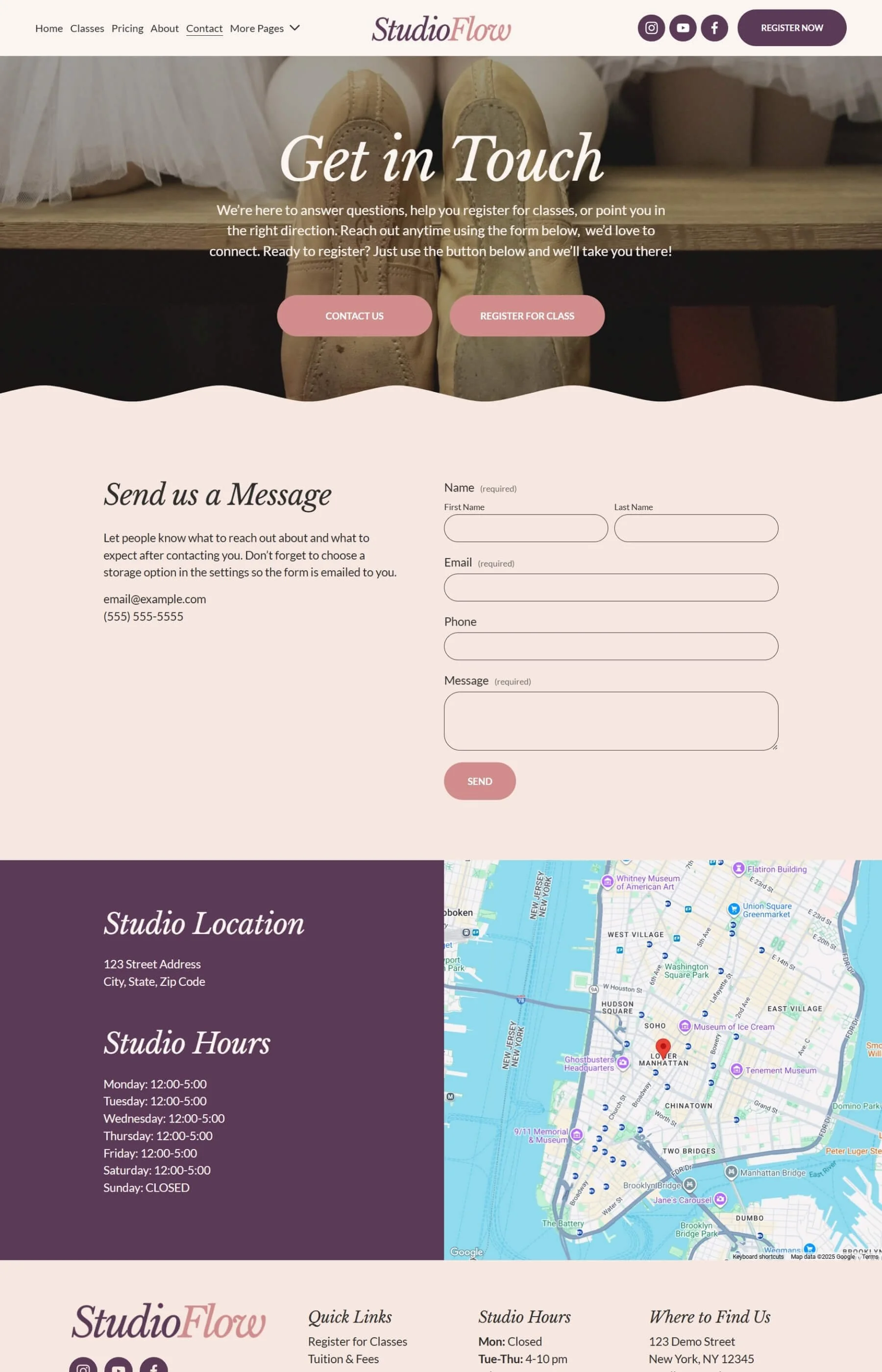 Screenshot of the contact page inside the Studio Flow Squarespace Website Template
