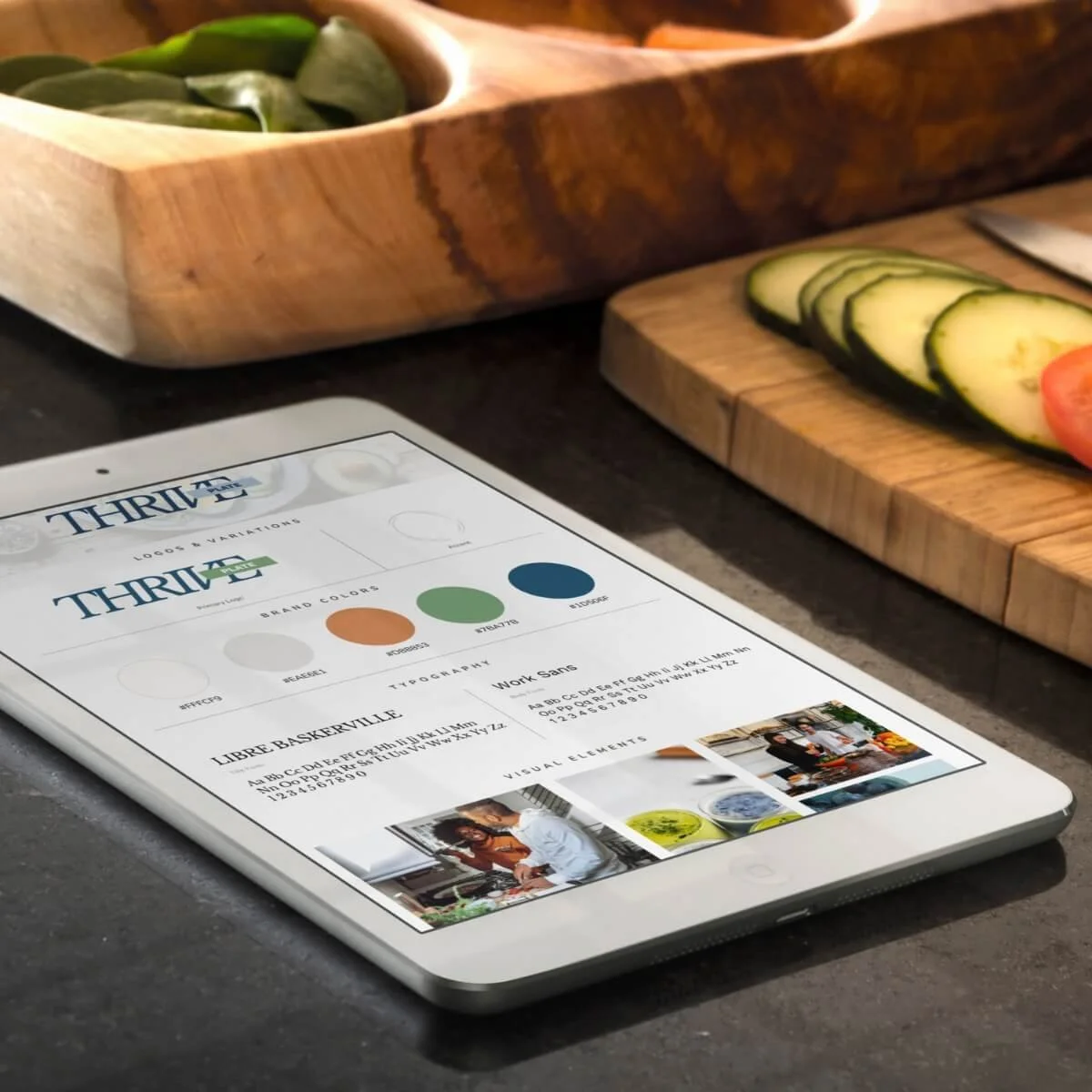 Image of the Thrive Plate Template Brand Board on an iPad