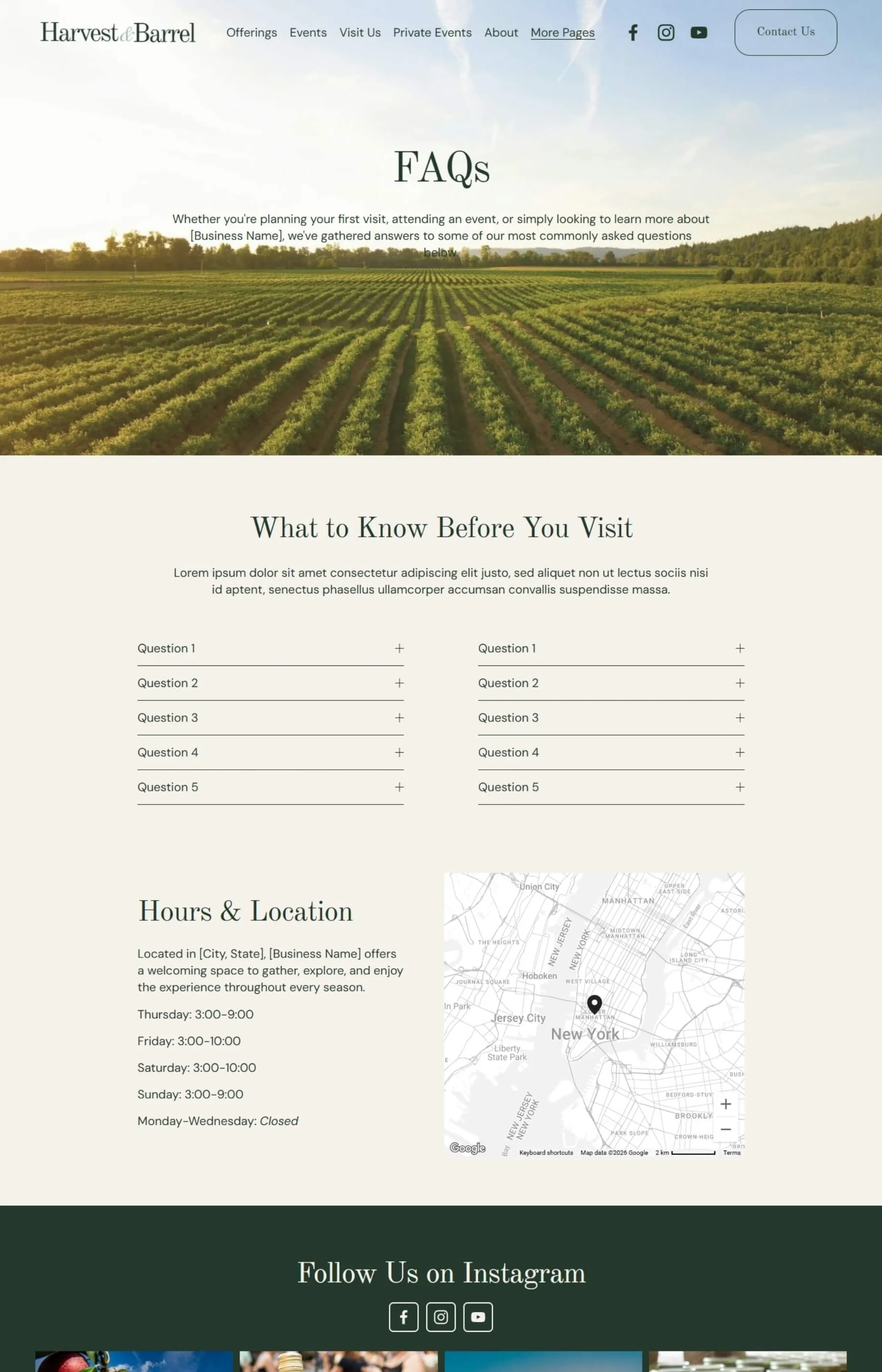 Screenshot of the FAQs page inside the Harvest & Barrel Template