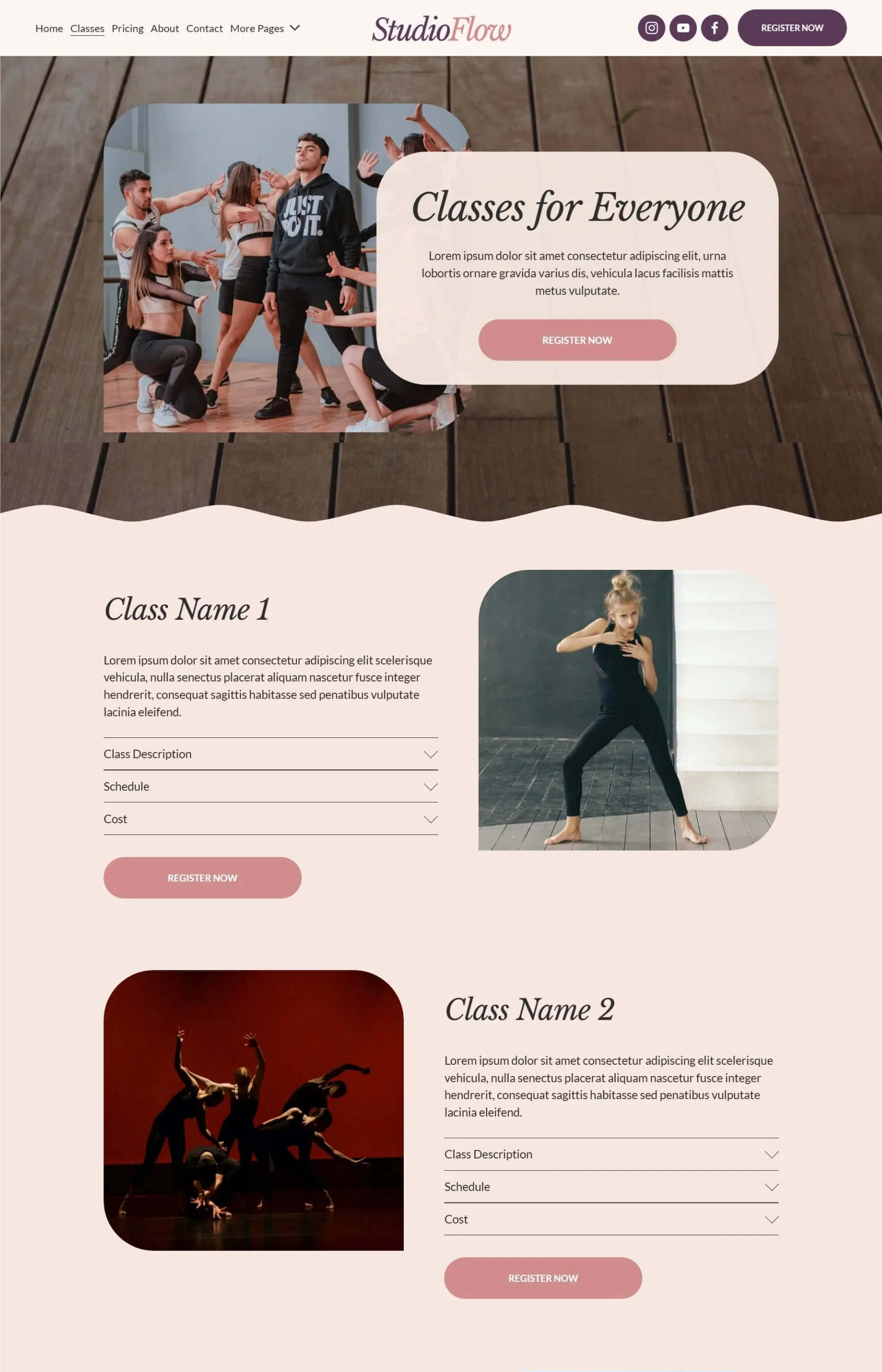 Screenshot of the classes page inside the Studio Flow Squarespace Website Template