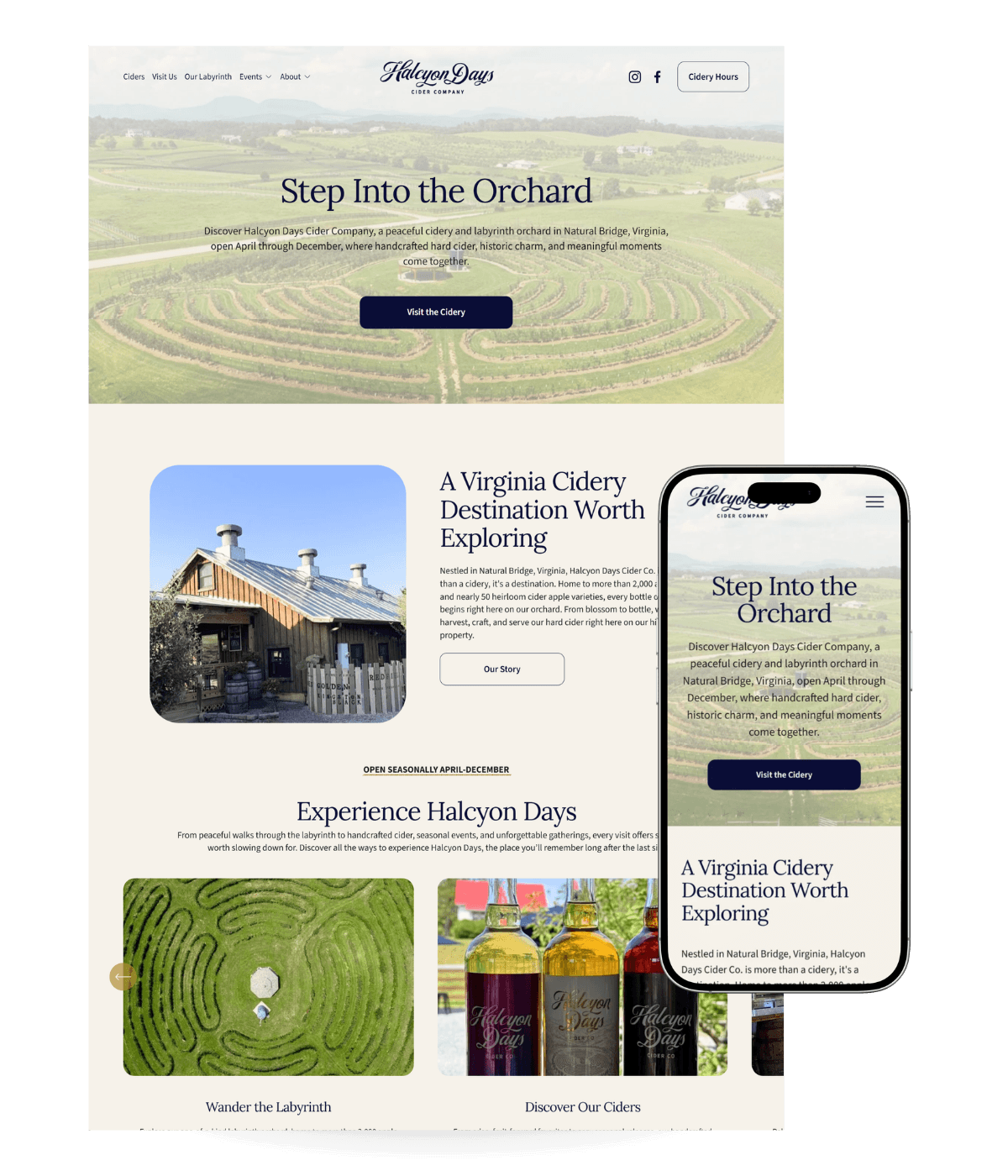 A website describing Halcyon Days Cider Company, showing a landscape of a cider orchard and a rustic building, with text about visiting the orchard and exploring ciders, displayed on a desktop and mobile screen.