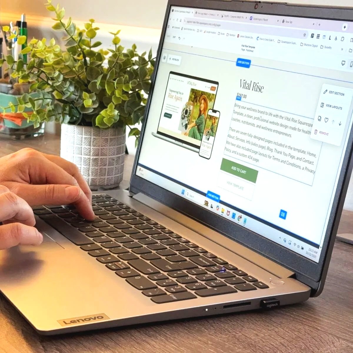 A person using a laptop on a desk with a green potted plant nearby. The laptop screen displays an online product page for 'Vital Rise,' a wellness website template.