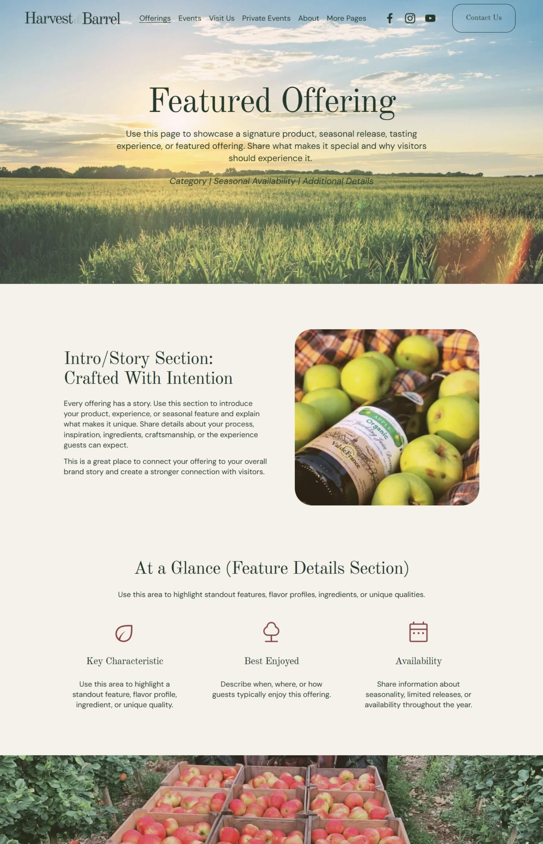 Screenshot of the detailed offerings page inside the Harvest & Barrel Template