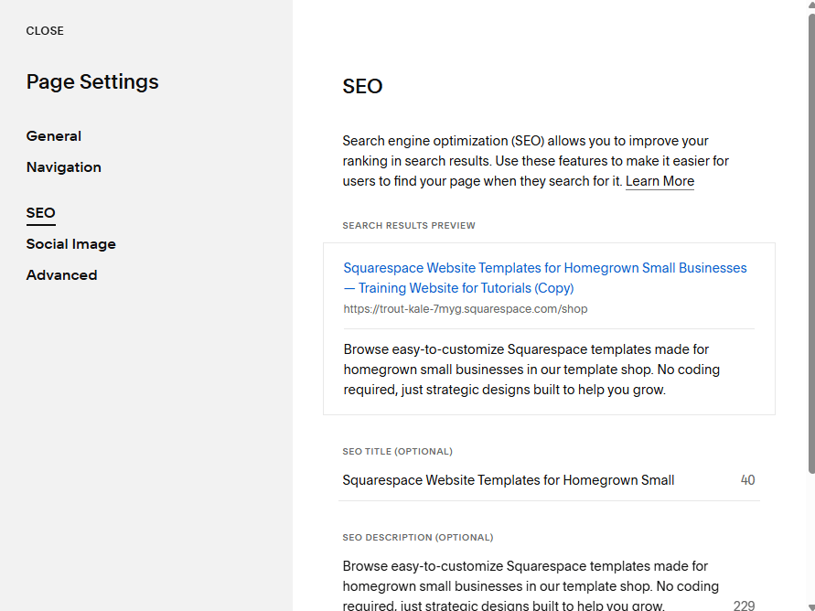 Screenshot of the Page SEO Settings in Squarespace