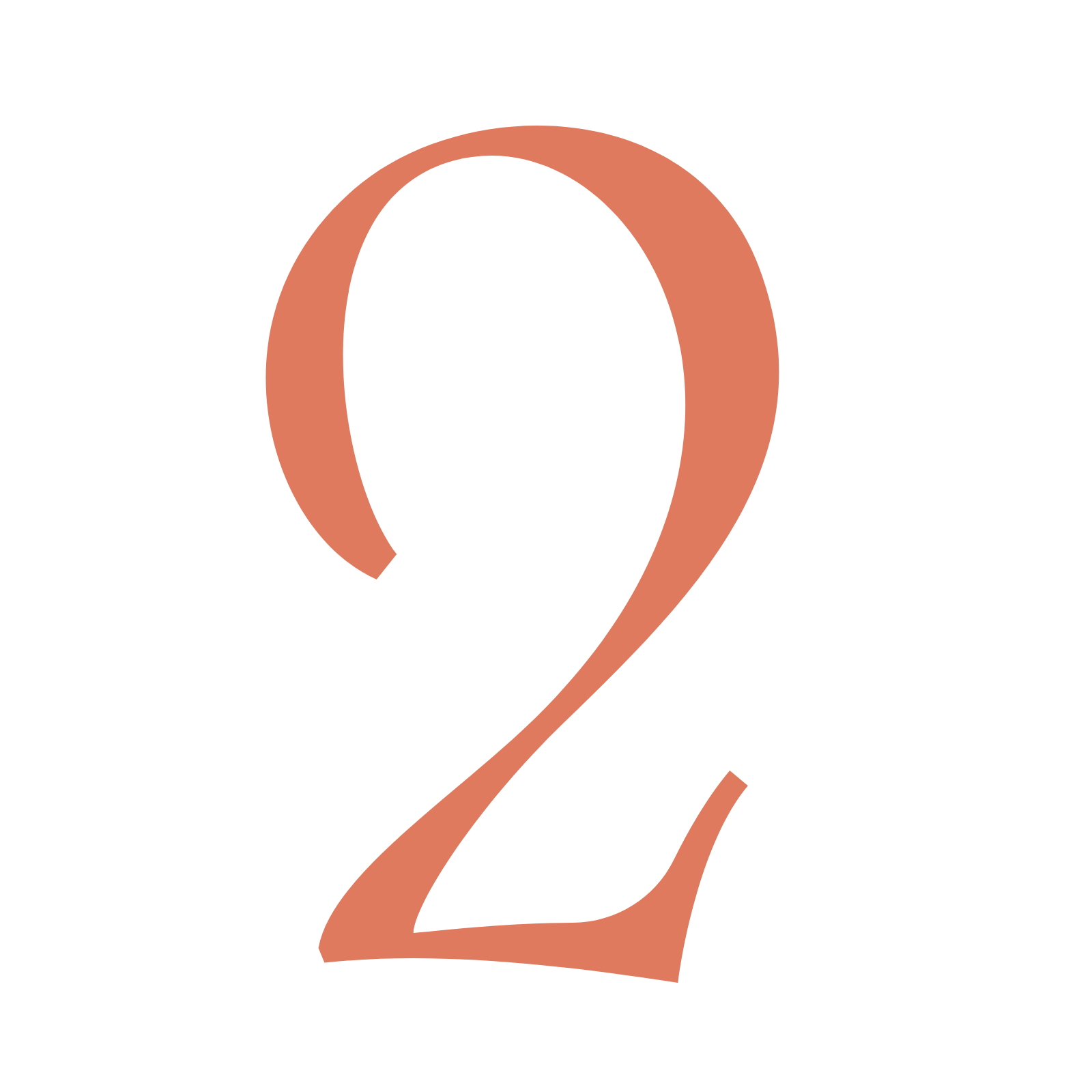 Number two icon with  a coral fill, set against a white background.