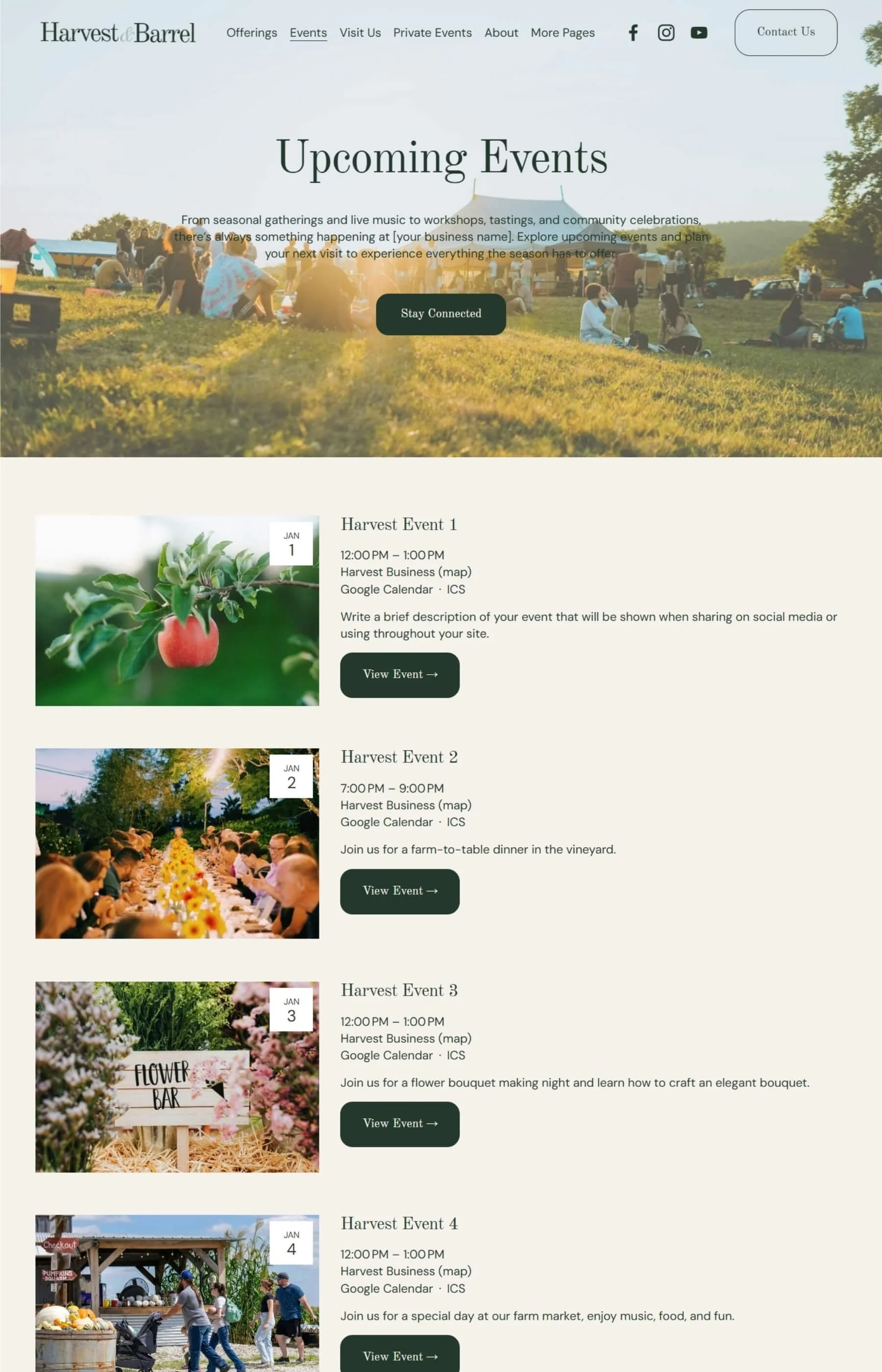 Screenshot of the events page inside the Harvest & Barrel Template