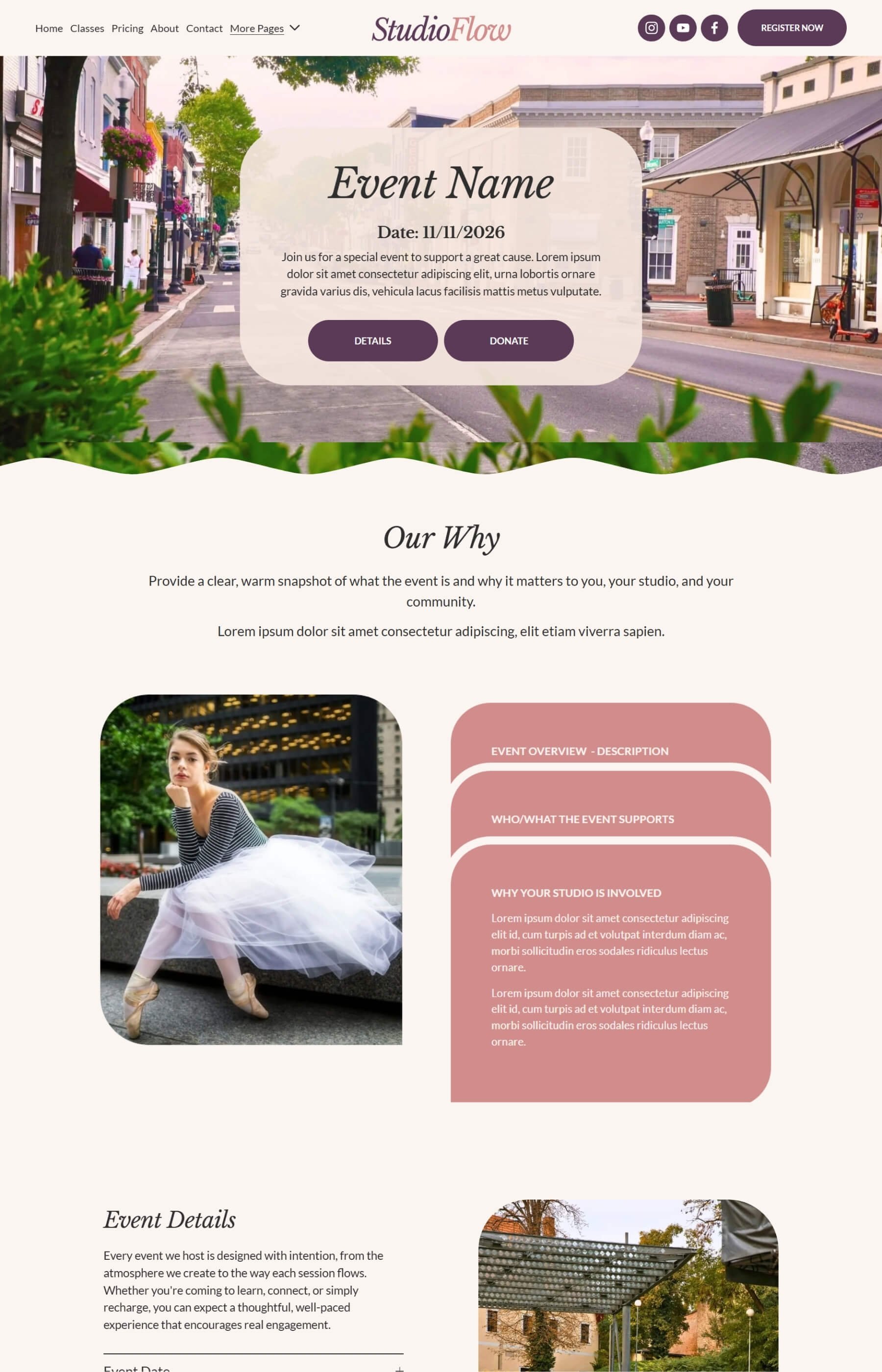 Screenshot of the special event page inside the Studio Flow Squarespace Website Template