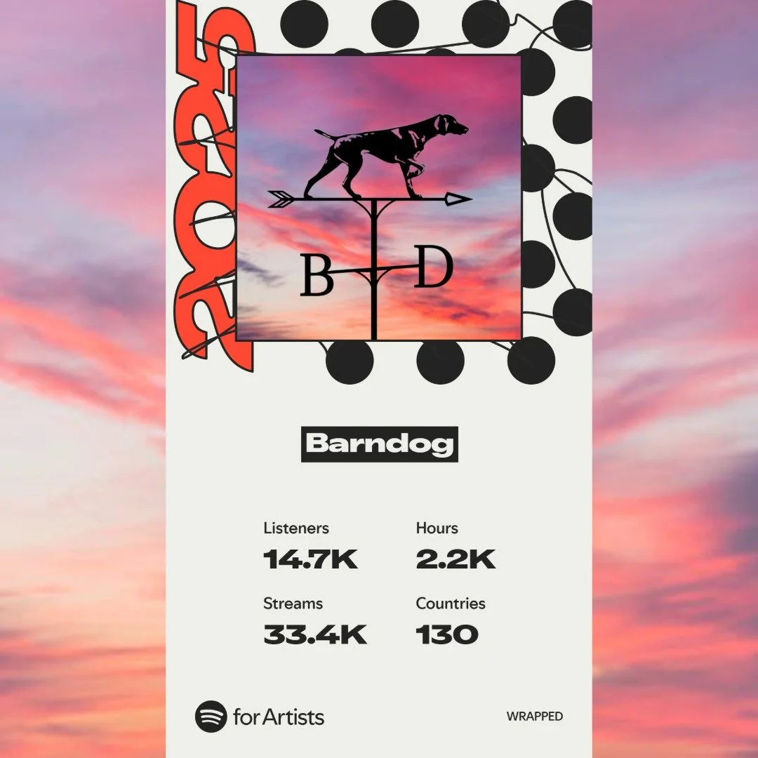 Barndog Spotify Wrapped is here! Thank you to everyone who listened to our debut EP, 'The Way to You' and supported through our first release. 

We've been working hard on writing some new tunes that will be making their way to a studio real soon for