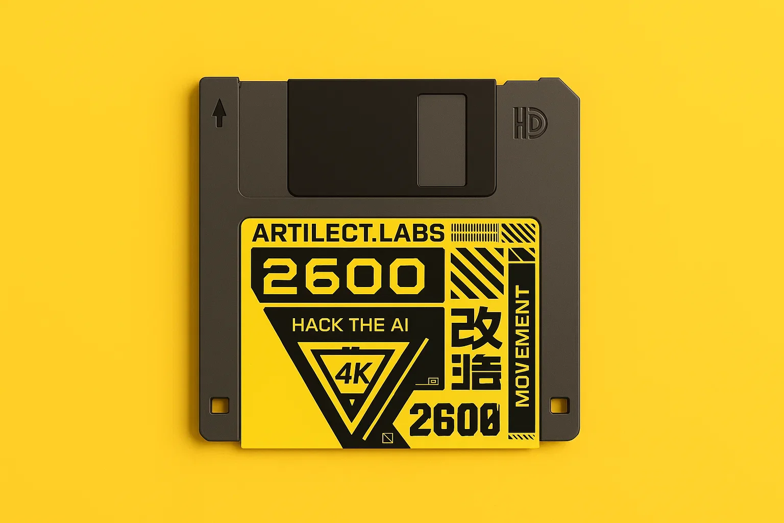 A black floppy disk with a yellow label featuring black and yellow designs and text, including 'ARTILUCT.LABS', '2600', 'HACK THE AI', '4K', and other graphics on a yellow background.