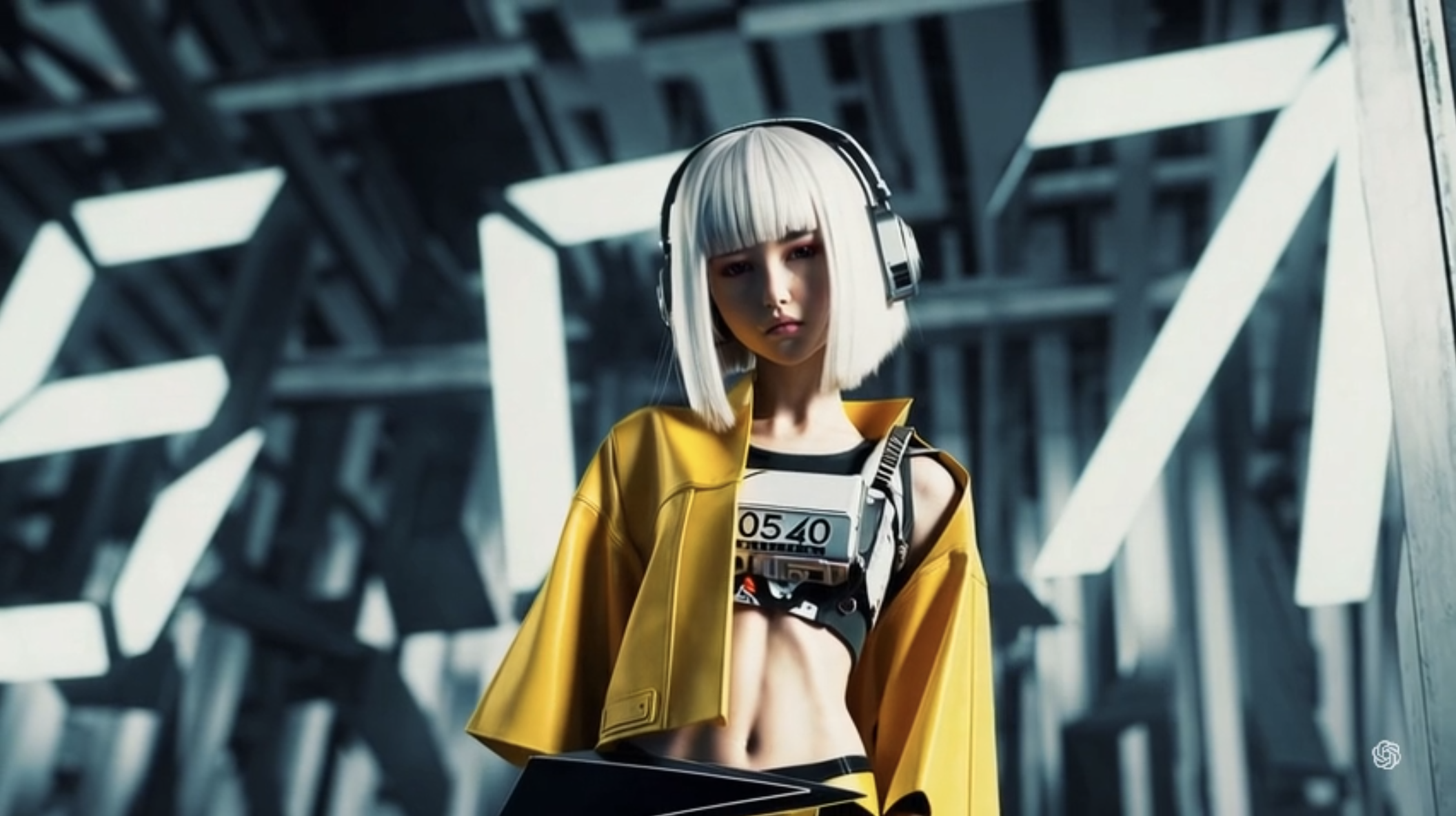 Cyberpunk-style young woman with short platinum blonde hair and headphones, wearing a yellow jacket and a crop top with digital badges, standing in a futuristic industrial setting with geometric lighting.
