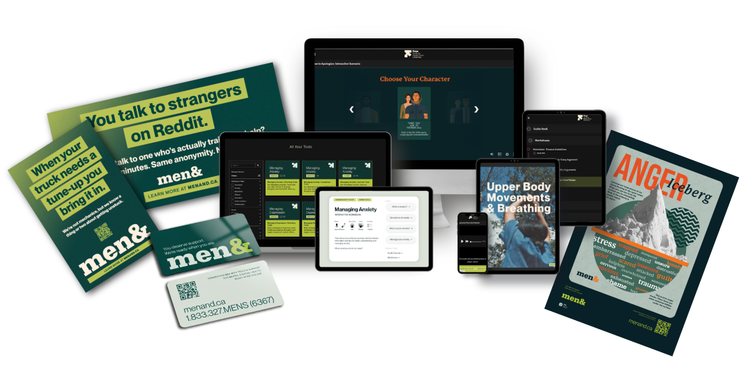 Collection of digital health and mental health resources, including posters, brochures, and devices displaying managing anxiety and digital interfaces, all branded with Men& logo.