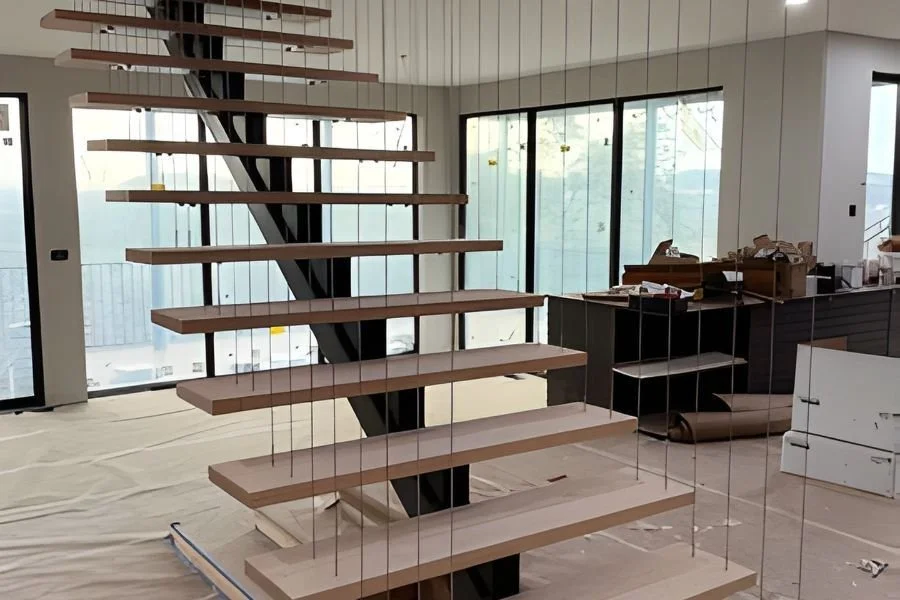 Modern floating wooden staircase with black steel support and cable railings.