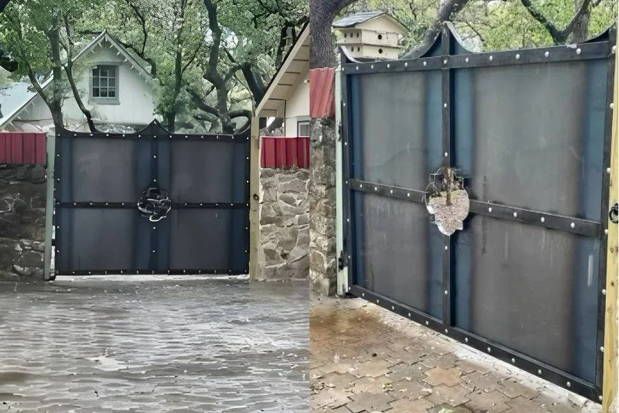 Heavy-duty industrial steel swing gate with metal panels