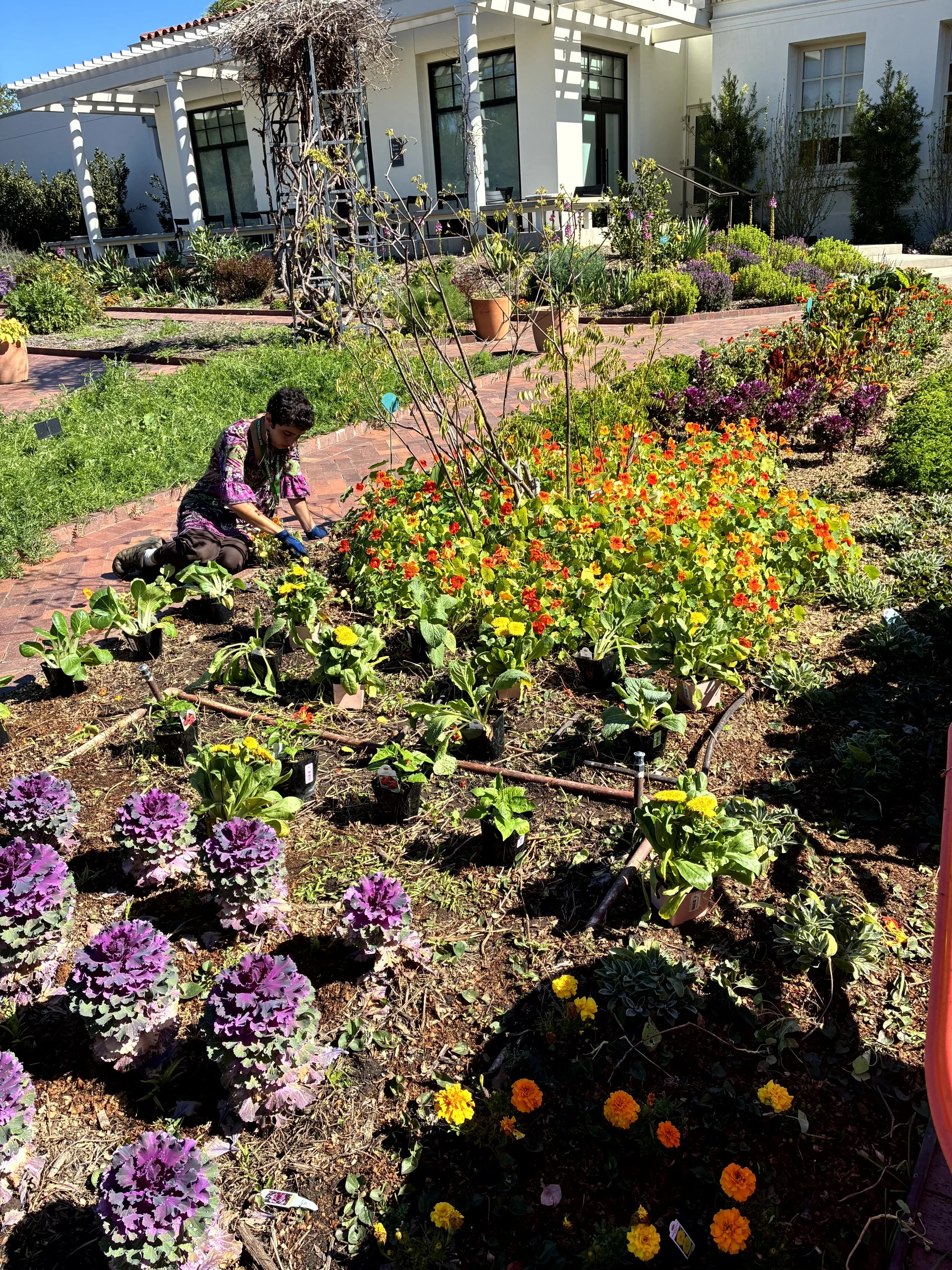 A gardener tending to a flower bed in front of a white house with large windows and a porch. The garden is filled with colorful flowers, including purple, orange, yellow, and red blooms.