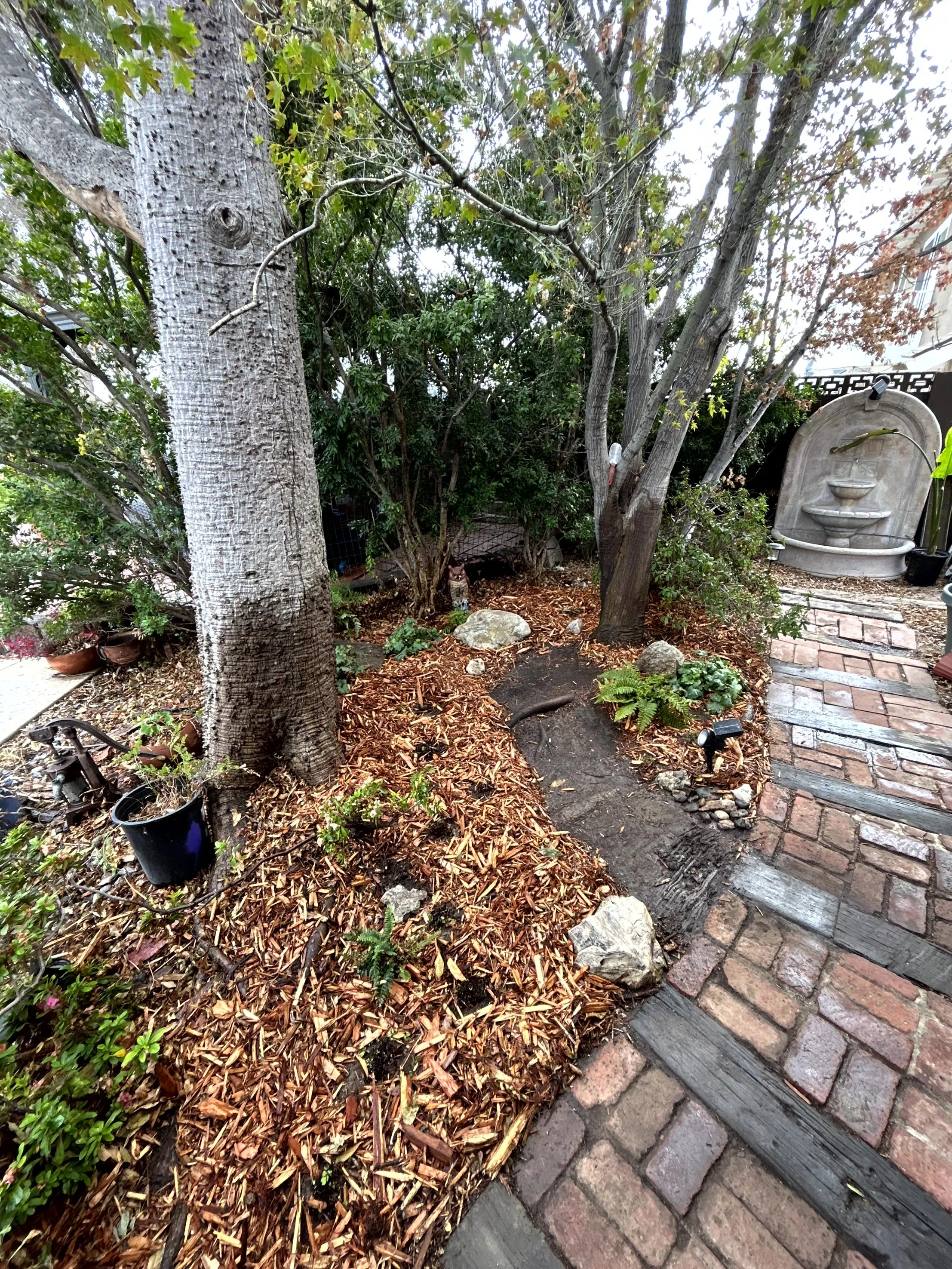 A garden scene with trees, shrubs, and a stone fountain in the background. There is a walking path lined with bricks and small lights on the ground. The ground is covered with mulch and rocks.
