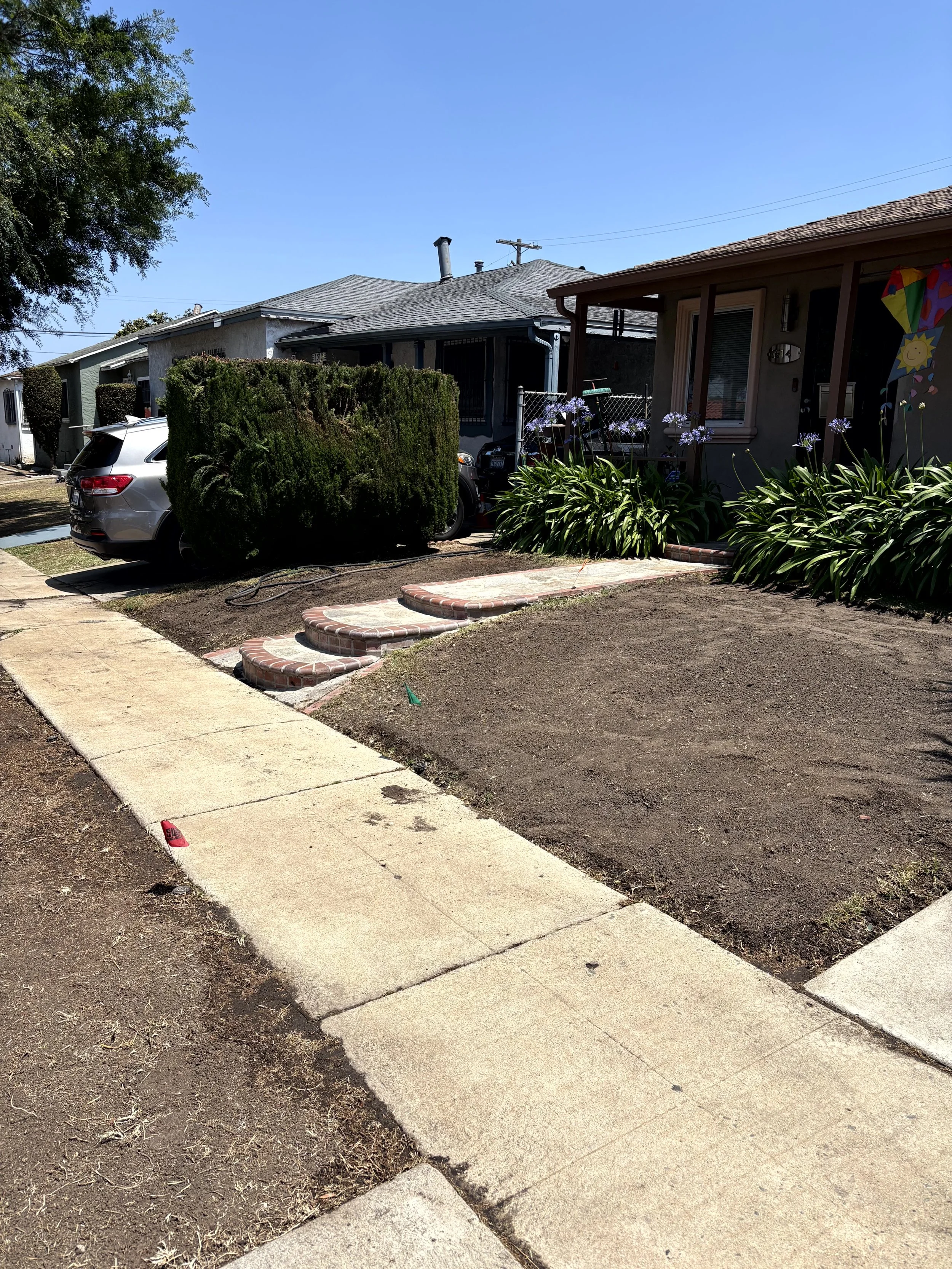A residential front yard with a sidewalk, an empty dirt area, green plants, a house, a car parked in the driveway, and a large bush obscuring part of the house. The sky is clear and blue.