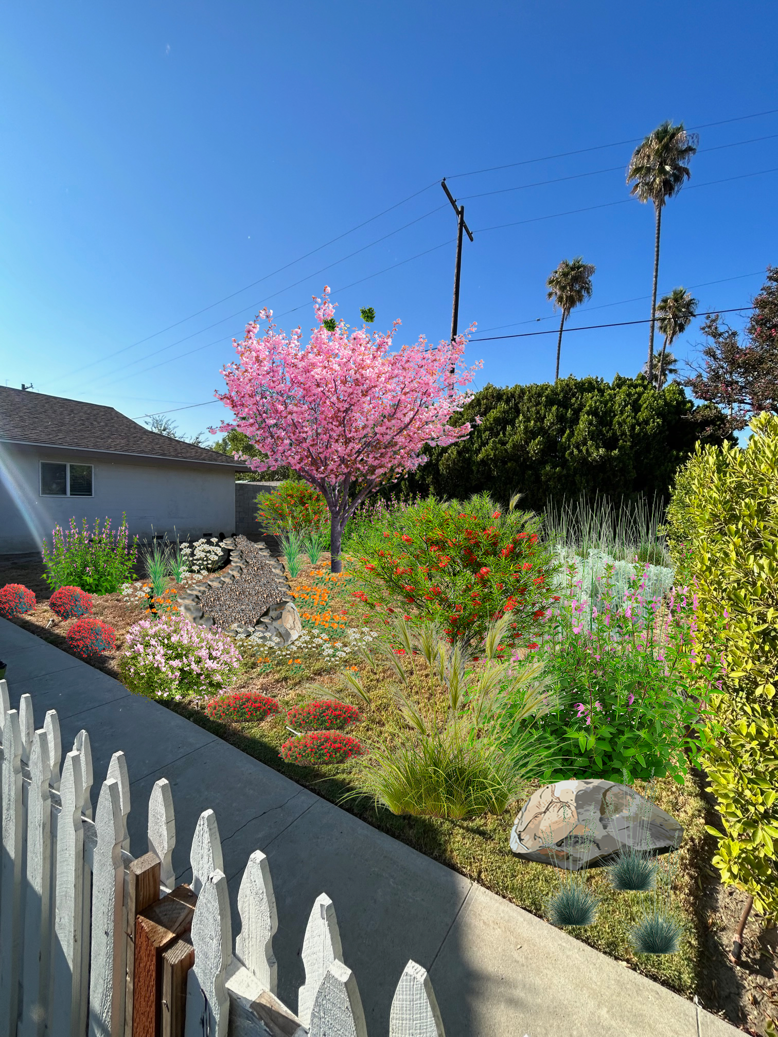 A backyard garden with blooming pink cherry blossom tree, various colorful flowers and green bushes, a white picket fence, and a sidewalk under a clear blue sky with palm trees and house visible in the background.