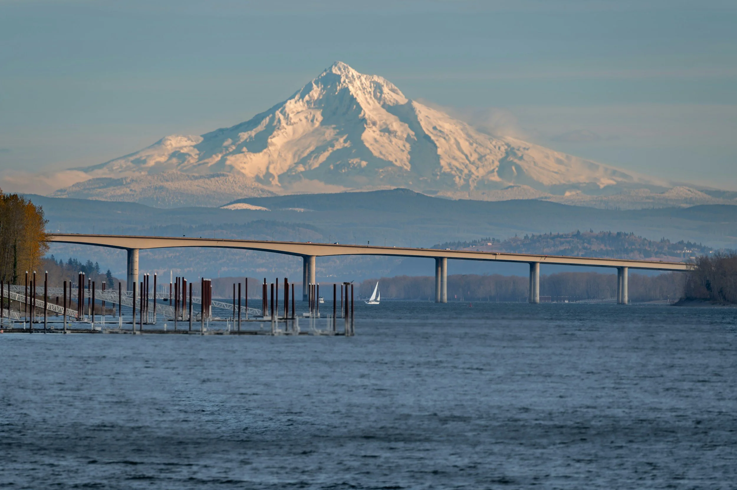 The I-205 bridge that connects Washington and Oregon with Mount Hood in the background.