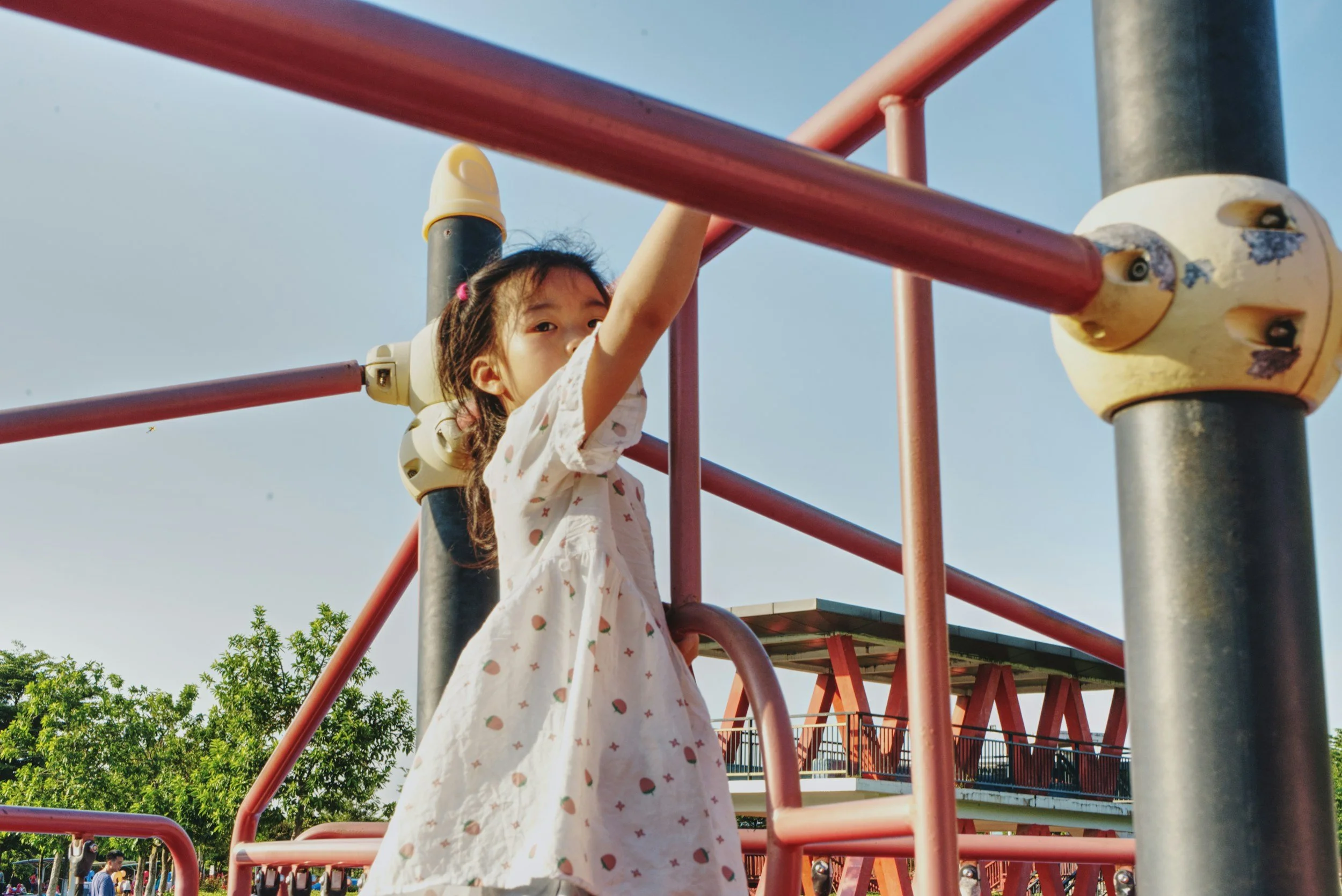A student climbing on a playground set and looking at the camera.