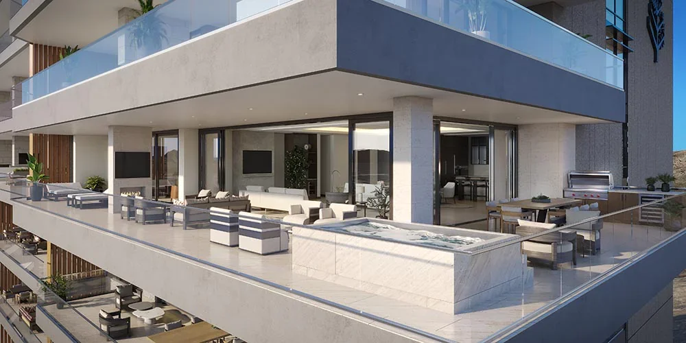Modern Four Seasons Private Residences apartment balcony with outdoor furniture, grill, and sliding glass doors leading inside.