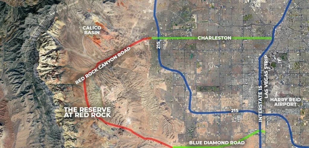 Map showing roads and landmarks in a section of Las Vegas, including Red Rock Canyon Road, The Reserve at Red Rock, Calico Basin, Charleston, Blue Diamond Road, Harry Reid Airport, Interstate 15, and Las Vegas Strip.