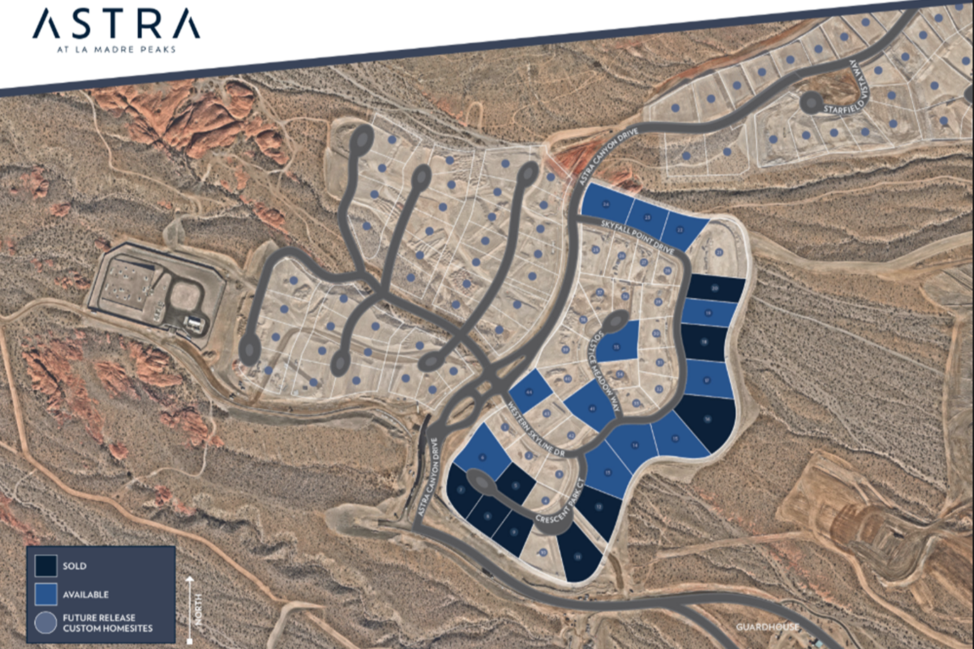 Overhead view of the layout and available homesites at Astra at La Madre Peaks