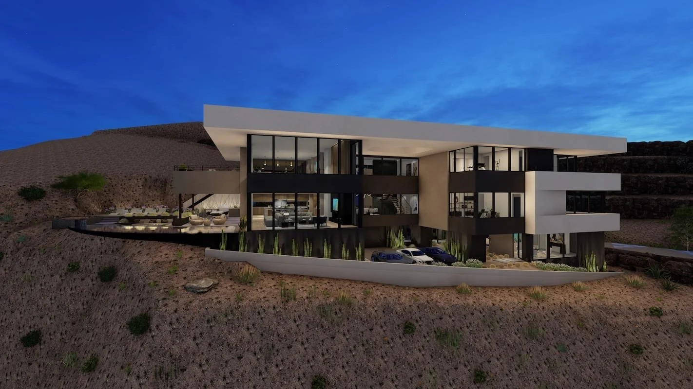 Modern multi-story house on a hillside with large glass windows and outdoor patio, night view