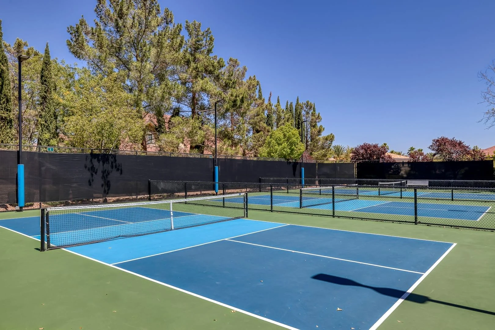 Multiple tennis courts with blue playing surfaces, black fencing, and surrounding green trees under a clear blue sky.