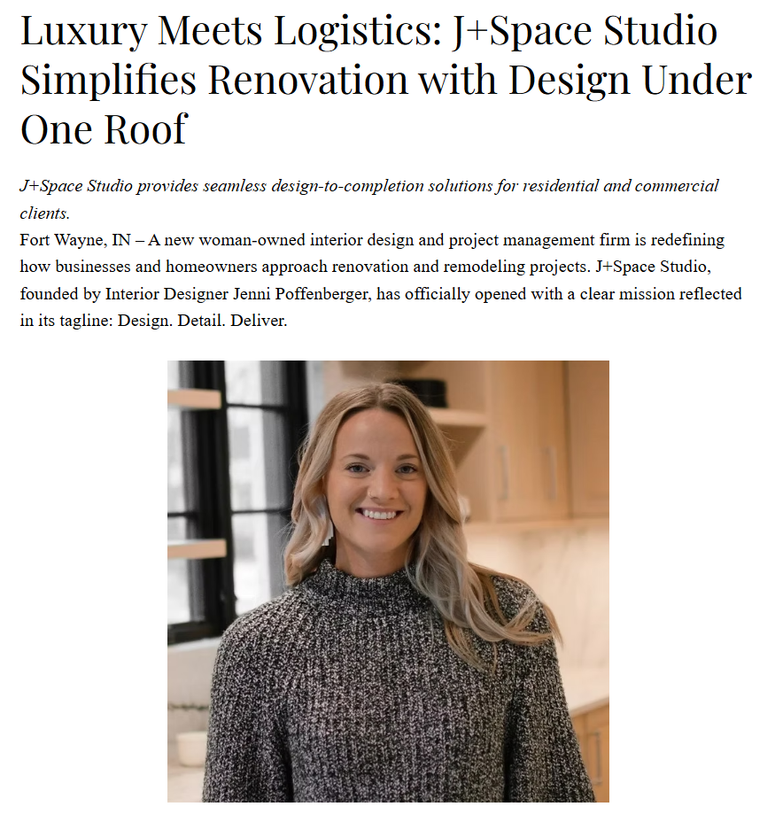 Fort Wayne Business Journal features Jenni - a woman owned interior design firm in Fort Wayne. She helps with interior design and project management