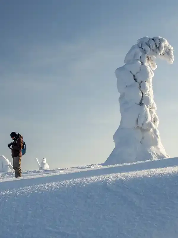A person dressed in winter gear with a backpack stands on a snow-covered landscape, beside large snow and ice formations, with one resembling a tall, irregularly shaped frozen tree or sculpture.