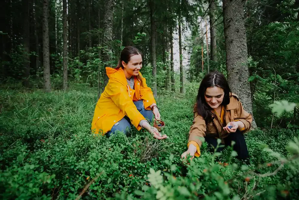 Two women picking berries in a green forest, smiling and crouching near bushes.