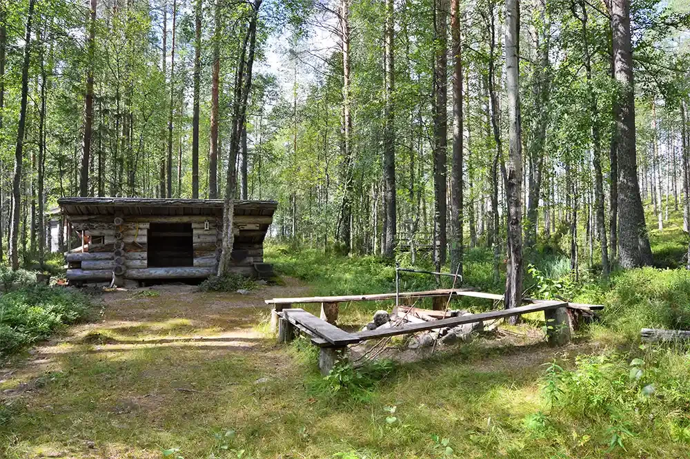 A rustic wooden cabin in a forest clearing with a small fire pit and benches nearby.