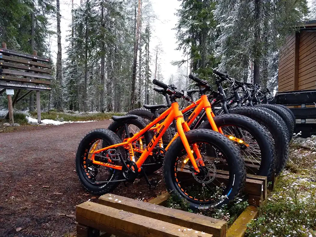 A line of fat-tire electric bikes, with two prominent orange bikes in the front, parked on a wooden rack in a forested area with snow on the ground.