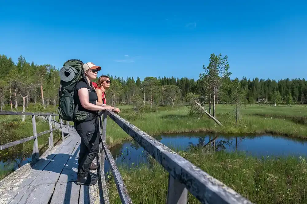 Two women with backpacks standing on a wooden bridge over a wetland, looking at the scenery with trees and a pond under a clear blue sky.