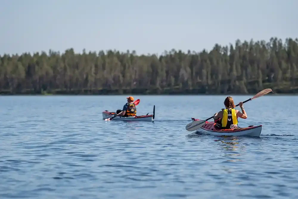 Two people kayaking on a calm lake with a forested shoreline in the background.