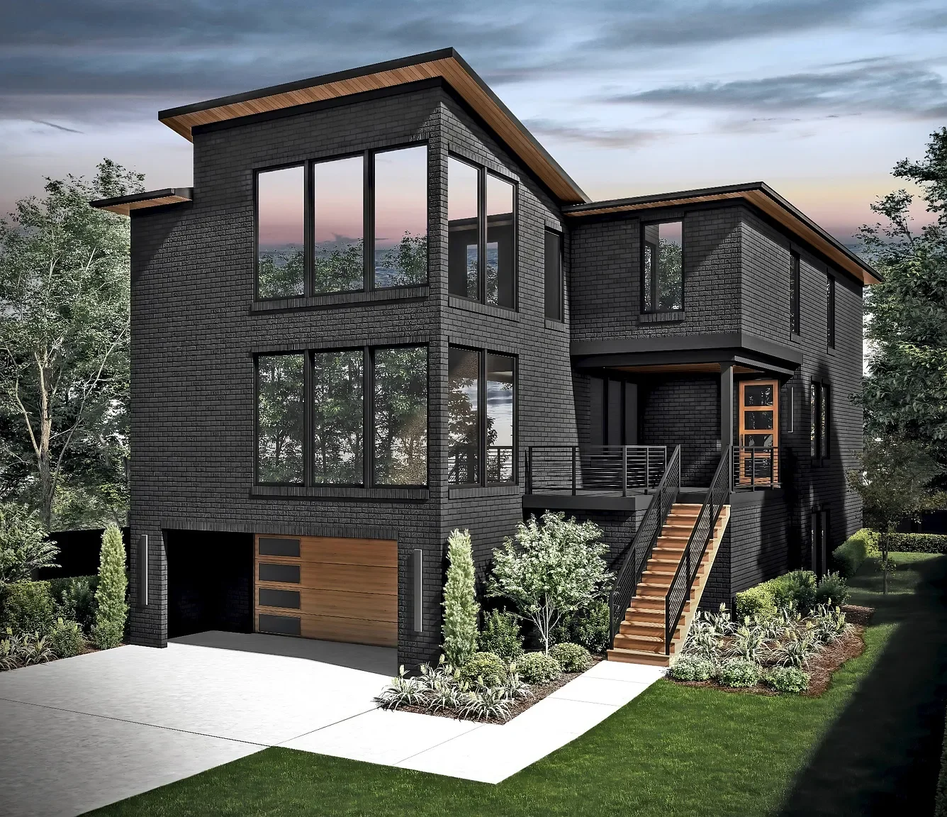 Modern black house with multiple large windows, wooden accents, and a staircase leading to the front door, surrounded by landscaping and trees during the evening.