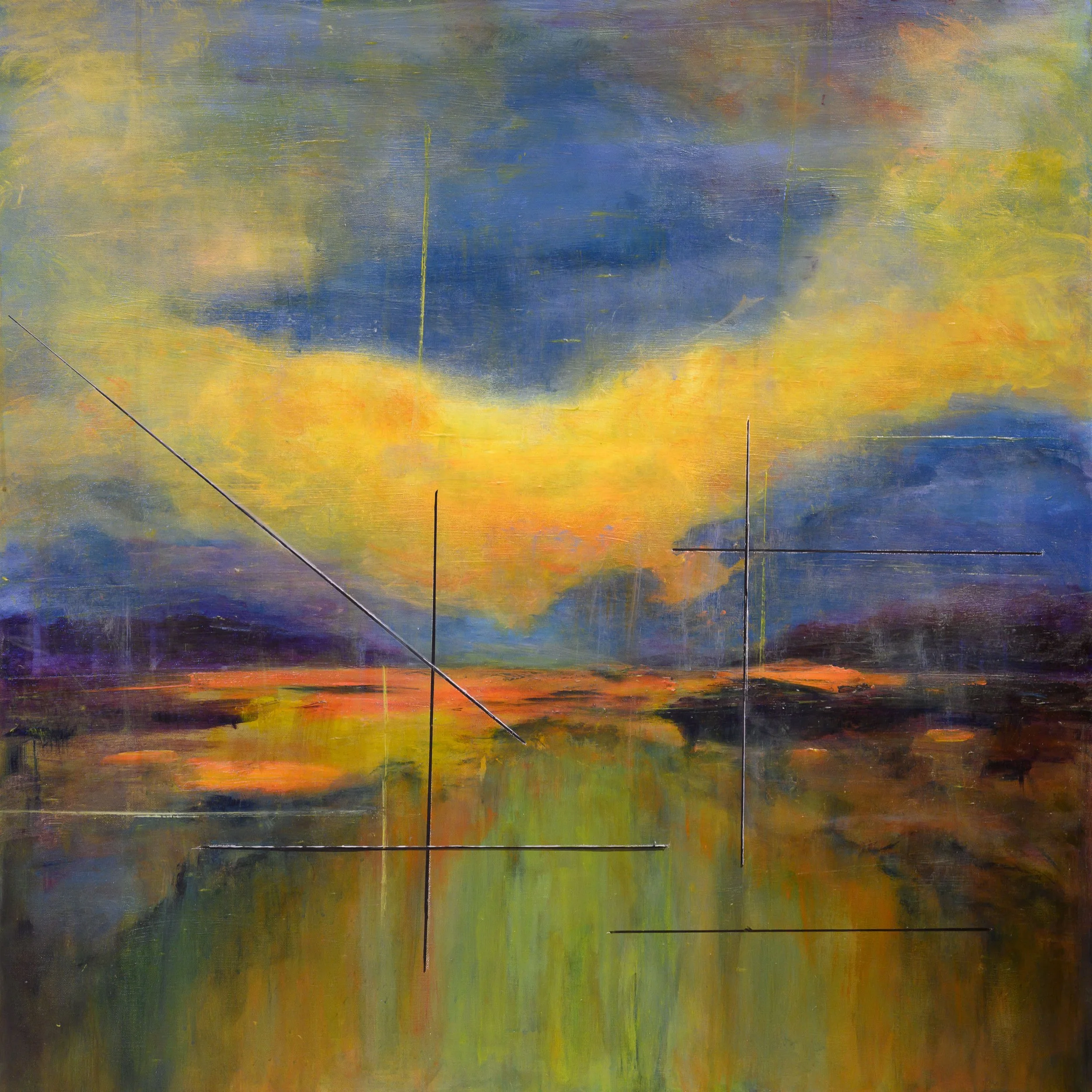 Landlines - Acrylic & Mixed Media on Canvas, 91 x 91cm