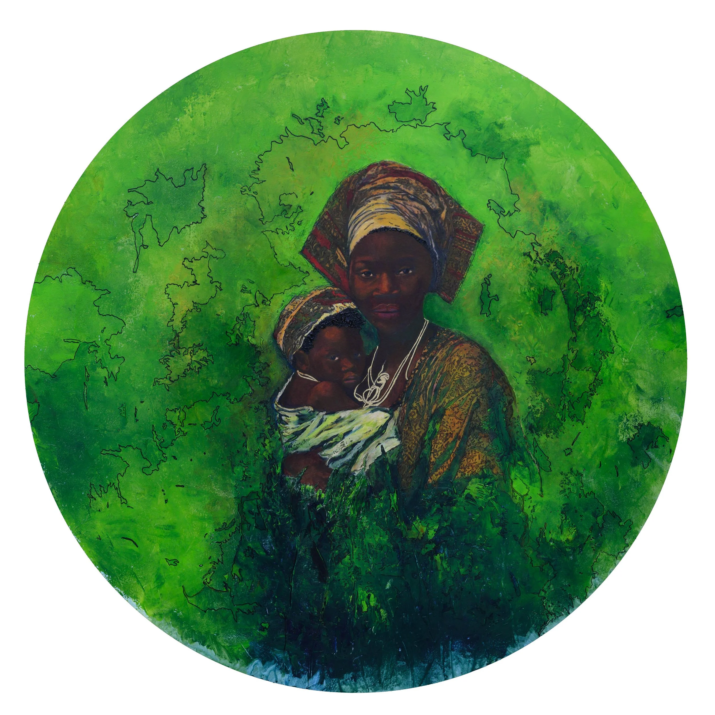 Black Madonna and Child - 
Acrylic on Dibond, Circular, 100cm