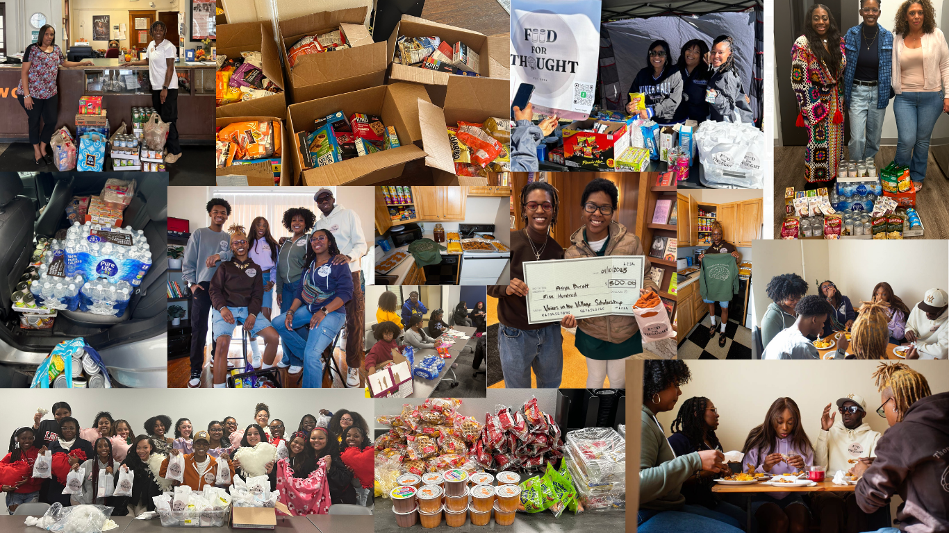 Group of people volunteering, packing supplies, and serving food, with donations and snacks, and people smiling.